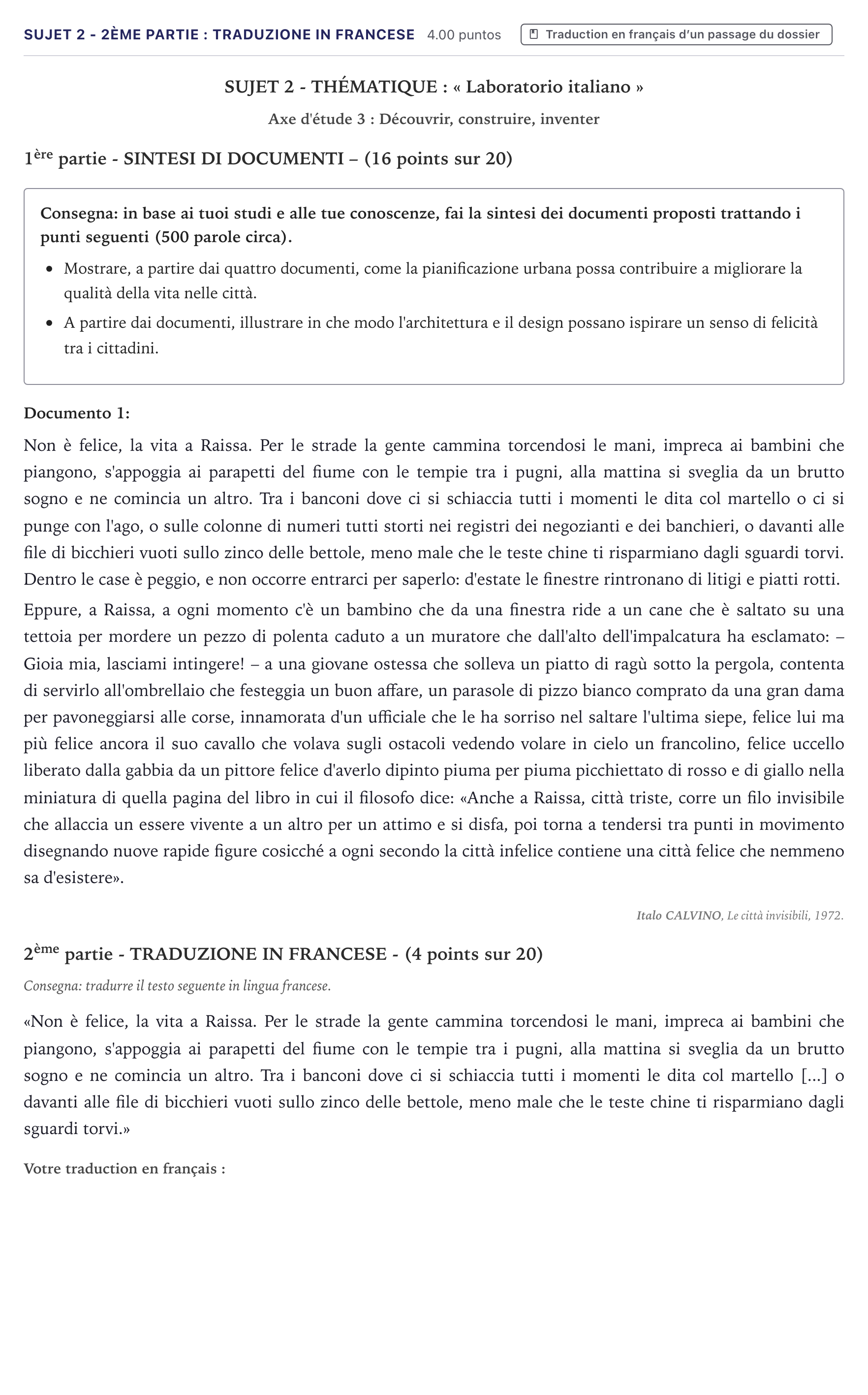 Énoncé: Sujet 2 - 2ème partie : Traduzione in francese · Bac Italien Métropole 2024
