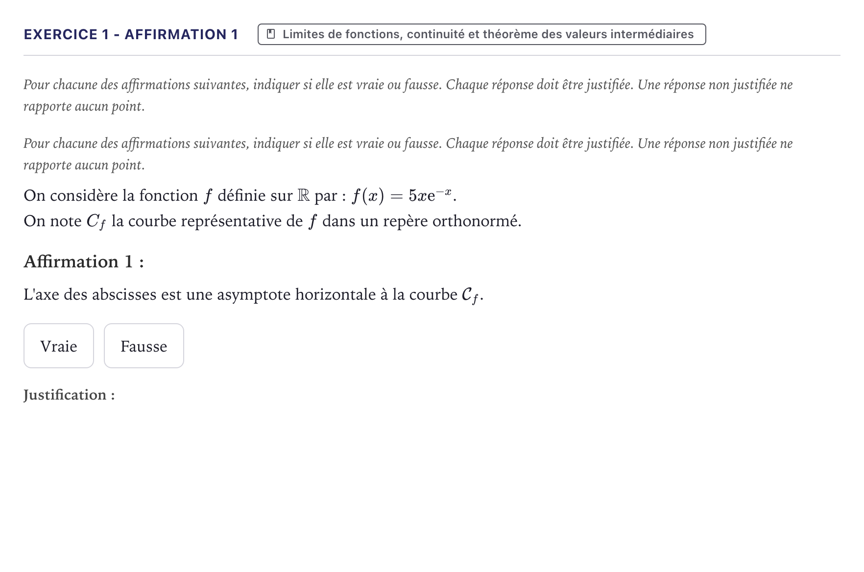 Énoncé: Exercice 1 - Affirmation 1 · Bac Mathématiques Métropole 2024 (sujet 1)