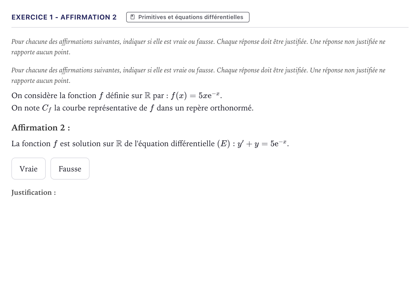 Énoncé: Exercice 1 - Affirmation 2 · Bac Mathématiques Métropole 2024 (sujet 1)