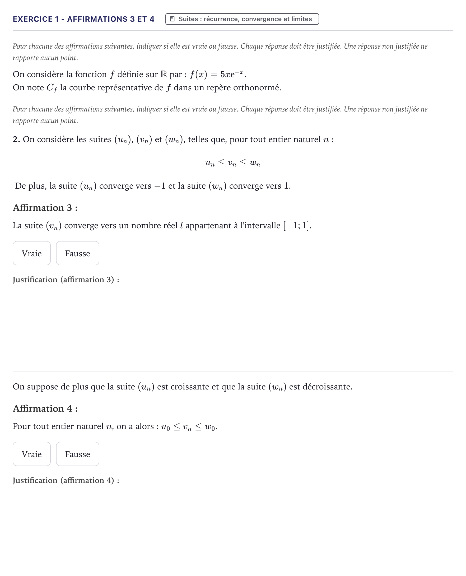 Énoncé: Exercice 1 - Affirmations 3 et 4 · Bac Mathématiques Métropole 2024 (sujet 1)