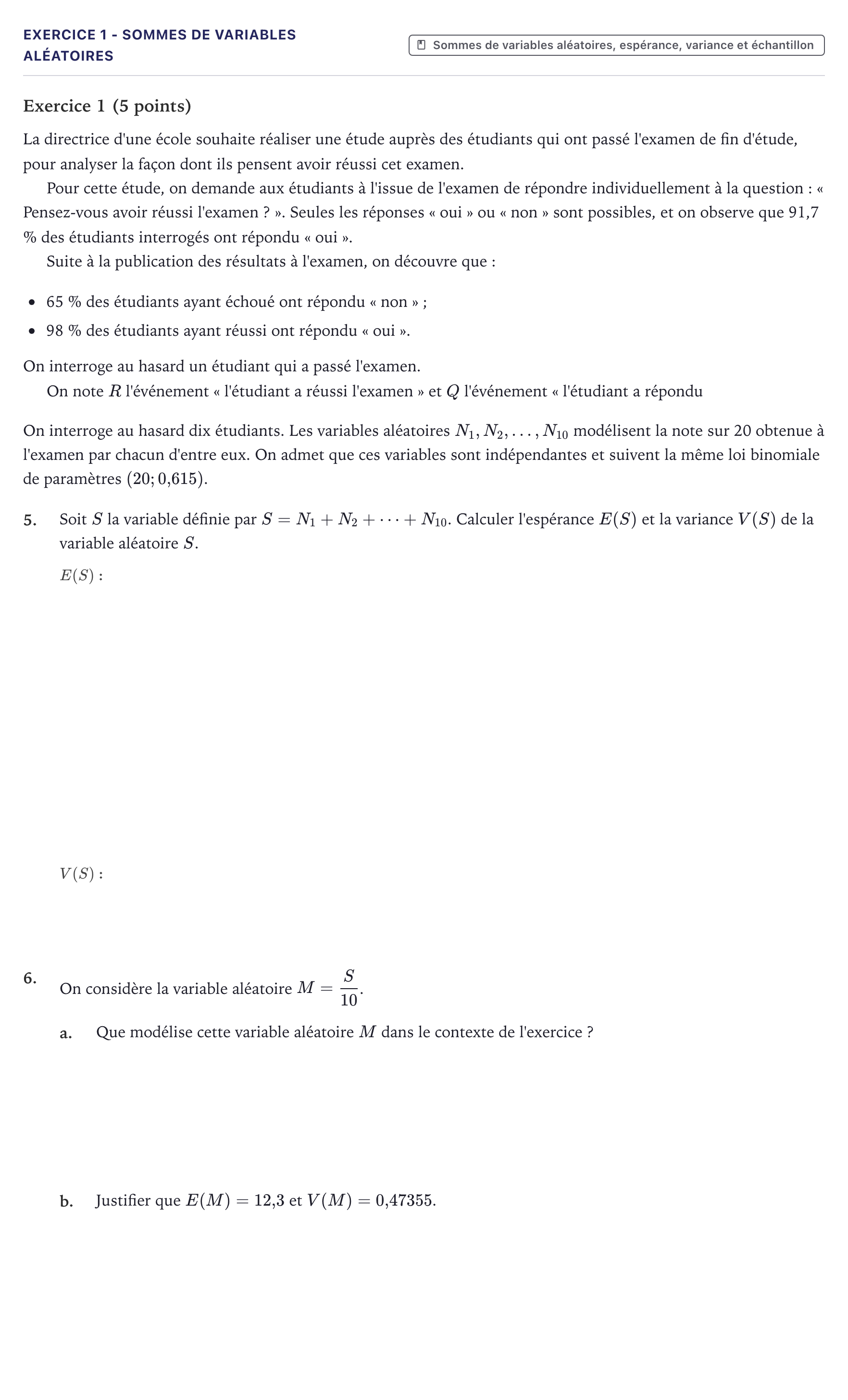 Énoncé: Exercice 1 - Sommes de variables aléatoires · Bac Mathématiques Métropole 2024 (sujet 2)