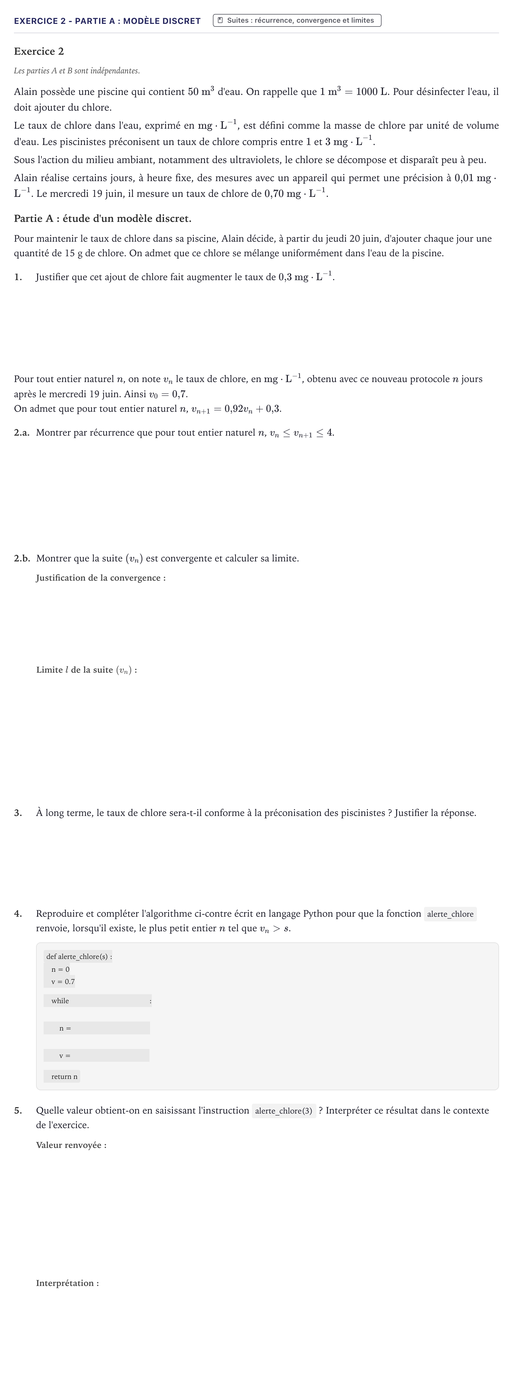 Énoncé: Exercice 2 - Partie A : Modèle discret · Bac Mathématiques Métropole 2024 (sujet 2)