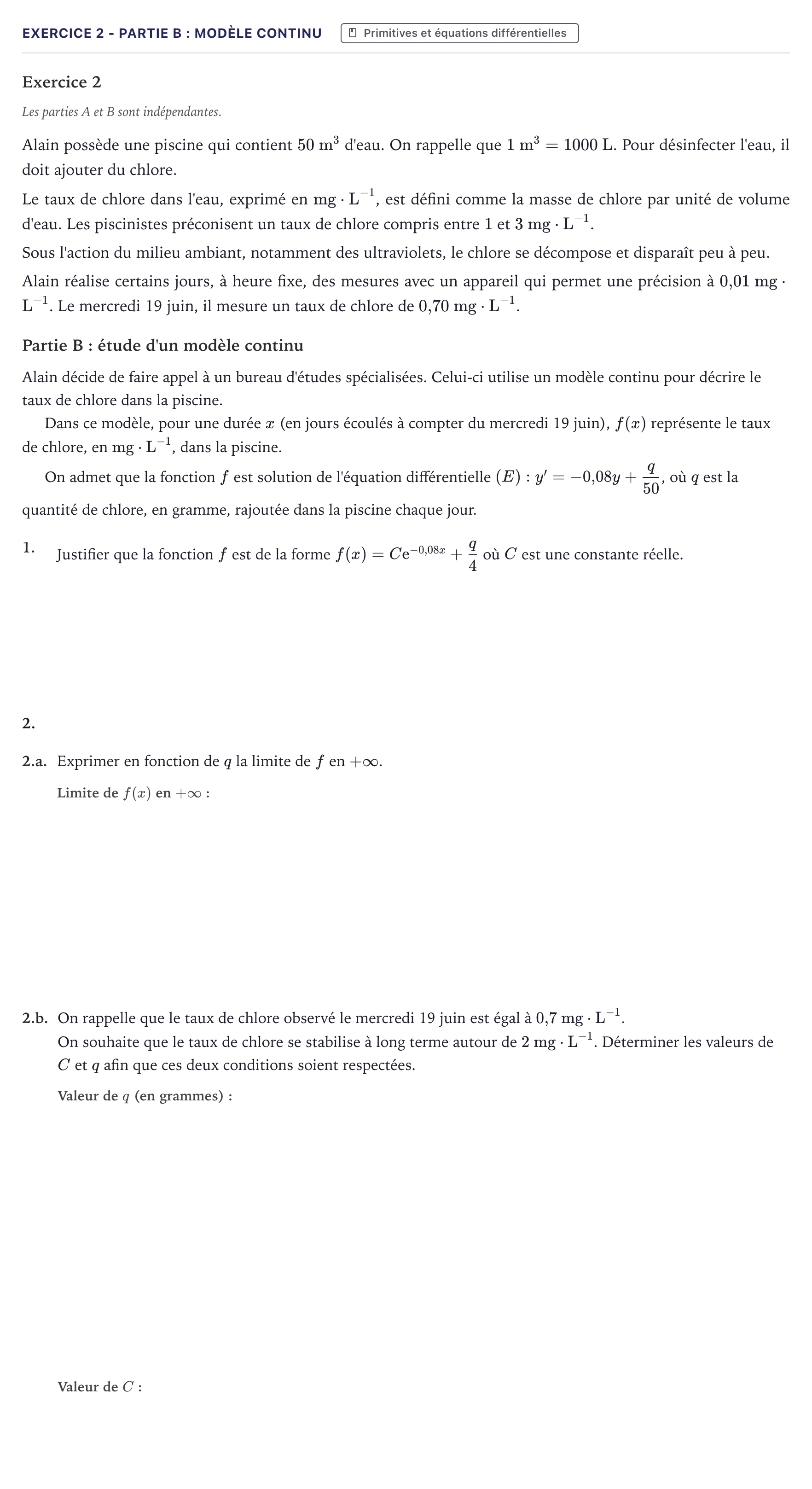 Énoncé: Exercice 2 - Partie B : Modèle continu · Bac Mathématiques Métropole 2024 (sujet 2)