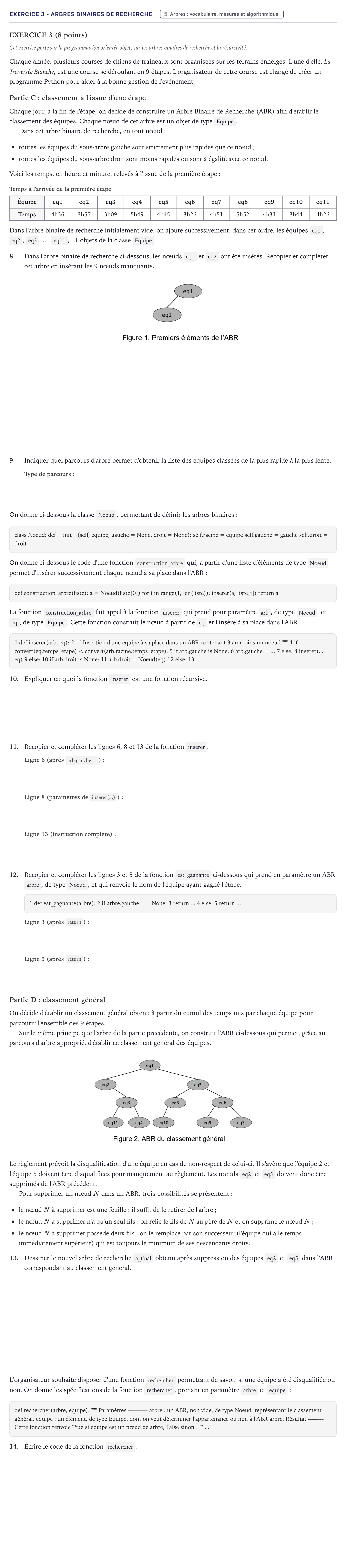 Énoncé: Exercice 3 - Arbres binaires de recherche · Bac Numérique et Sciences Informatiques Métropole 2024 (sujet 1)