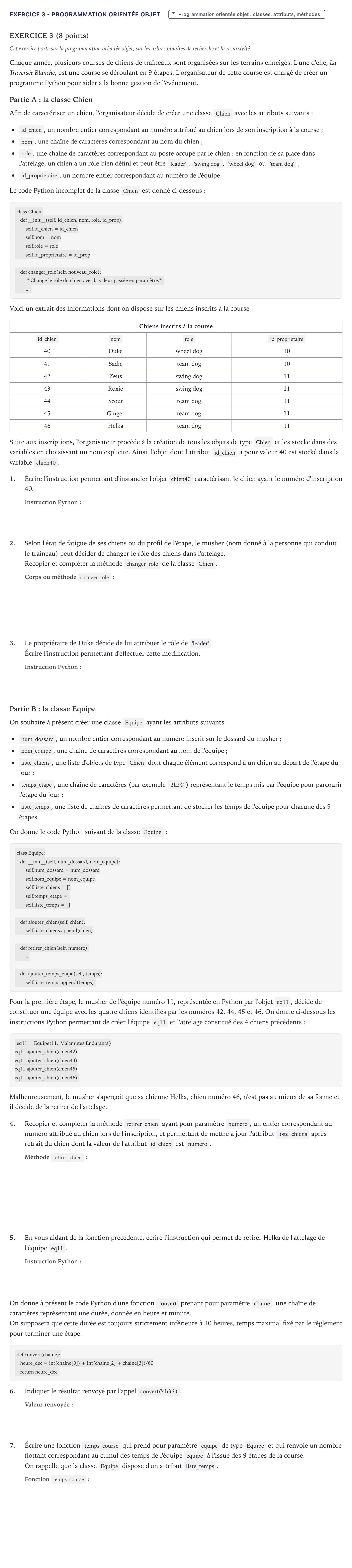 Énoncé: Exercice 3 - Programmation orientée objet · Bac Numérique et Sciences Informatiques Métropole 2024 (sujet 1)