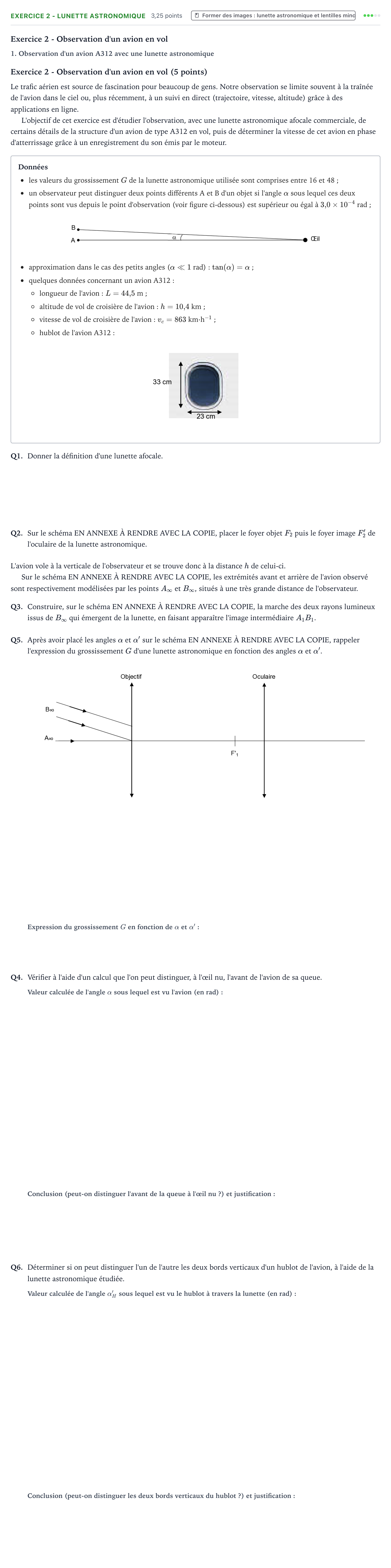 Énoncé: Exercice 2 - Lunette astronomique · Bac Physique-Chimie Métropole 2024 (sujet 1)
