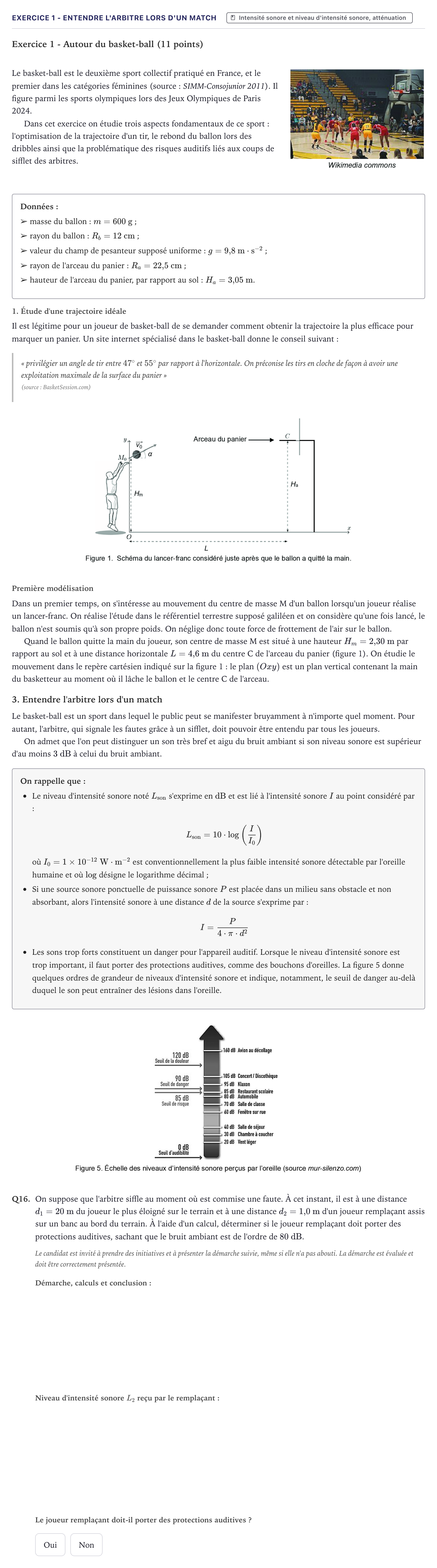 Énoncé: Exercice 1 - Entendre l'arbitre lors d'un match · Bac Physique-Chimie Métropole 2024 (sujet 2)