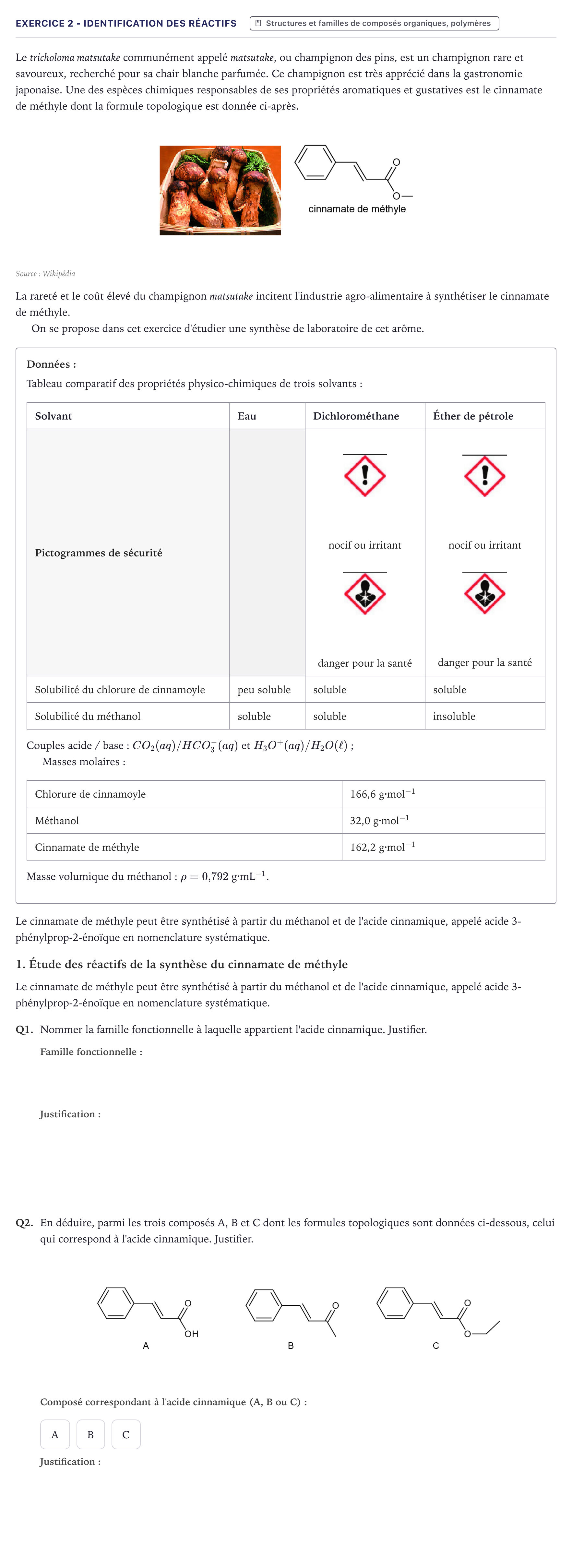 Énoncé: Exercice 2 - Identification des réactifs · Bac Physique-Chimie Métropole 2024 (sujet 2)