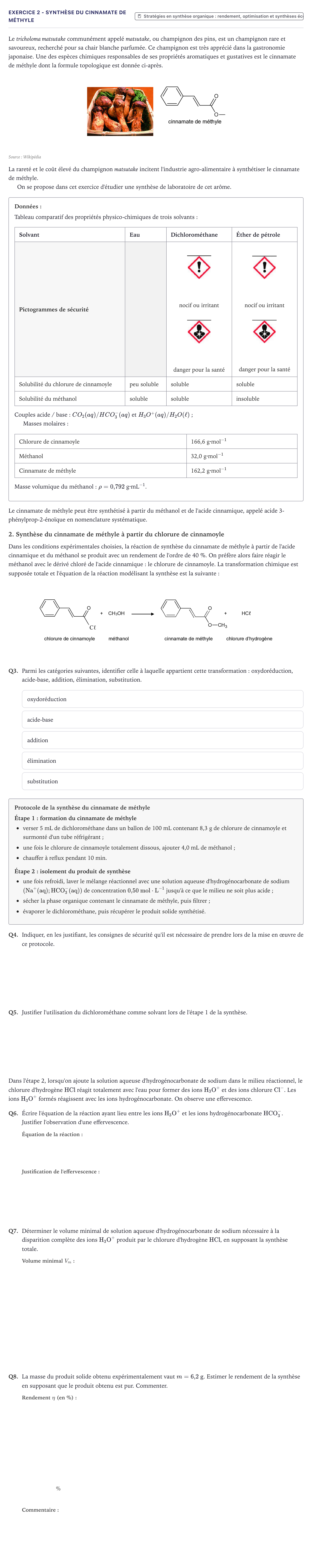 Énoncé: Exercice 2 - Synthèse du cinnamate de méthyle · Bac Physique-Chimie Métropole 2024 (sujet 2)