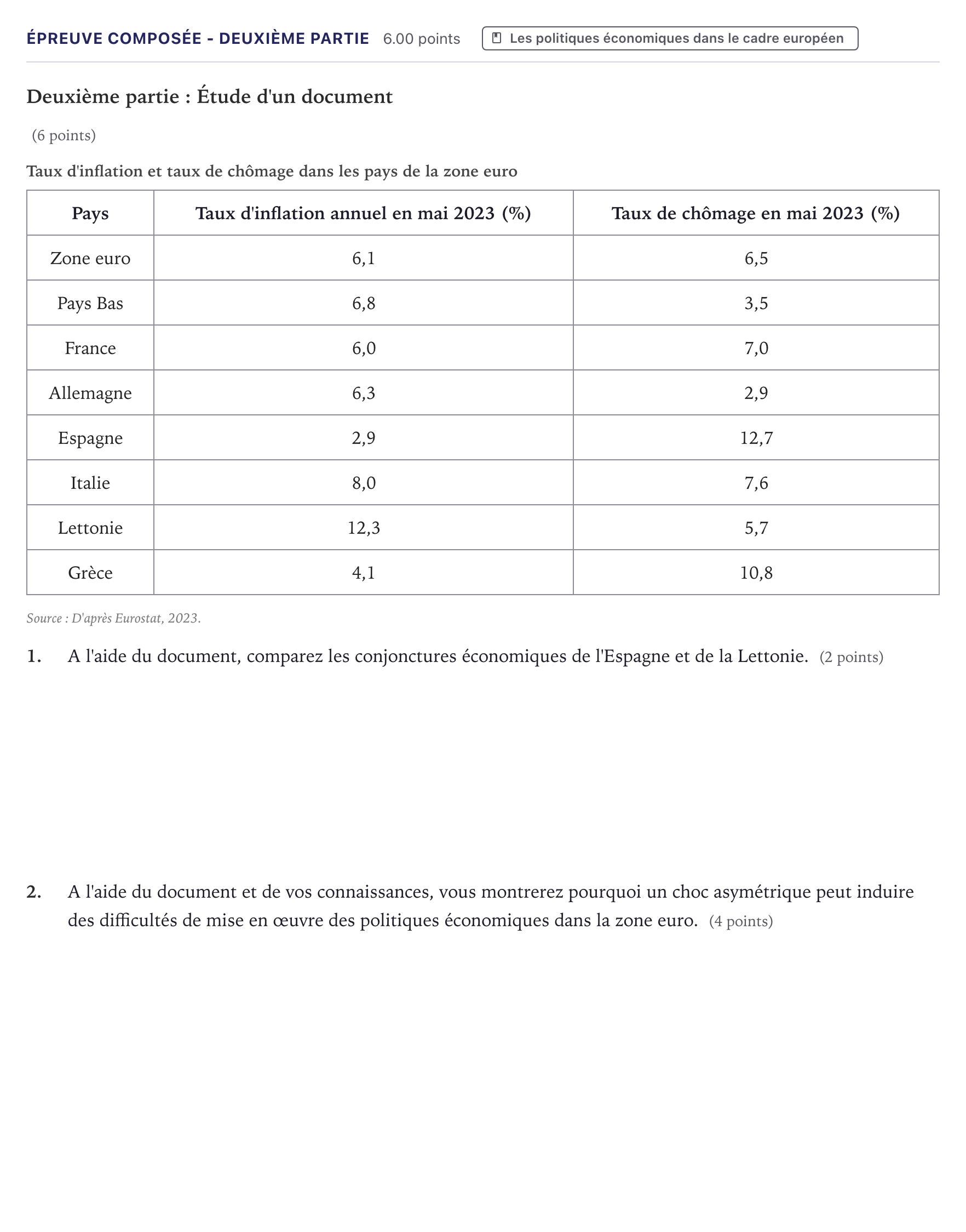 Énoncé: Épreuve composée - Deuxième partie · Bac Sciences Économiques et Sociales Métropole 2024 (sujet 1)
