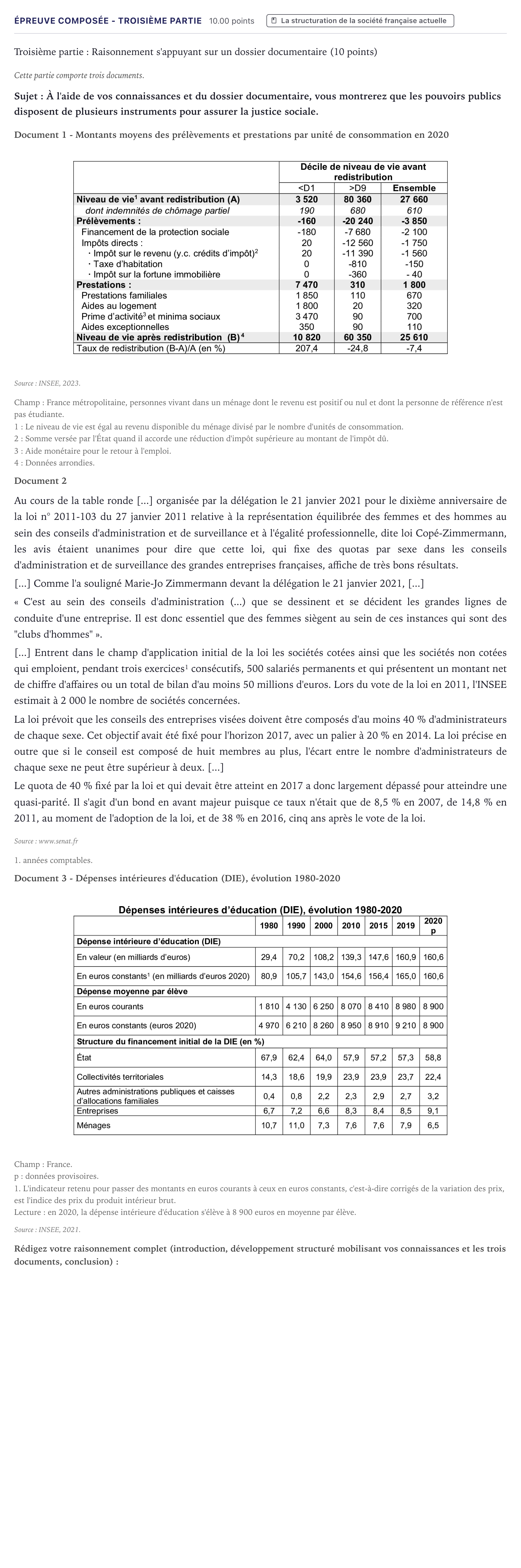 Énoncé: Épreuve composée - Troisième partie · Bac Sciences Économiques et Sociales Métropole 2024 (sujet 1)