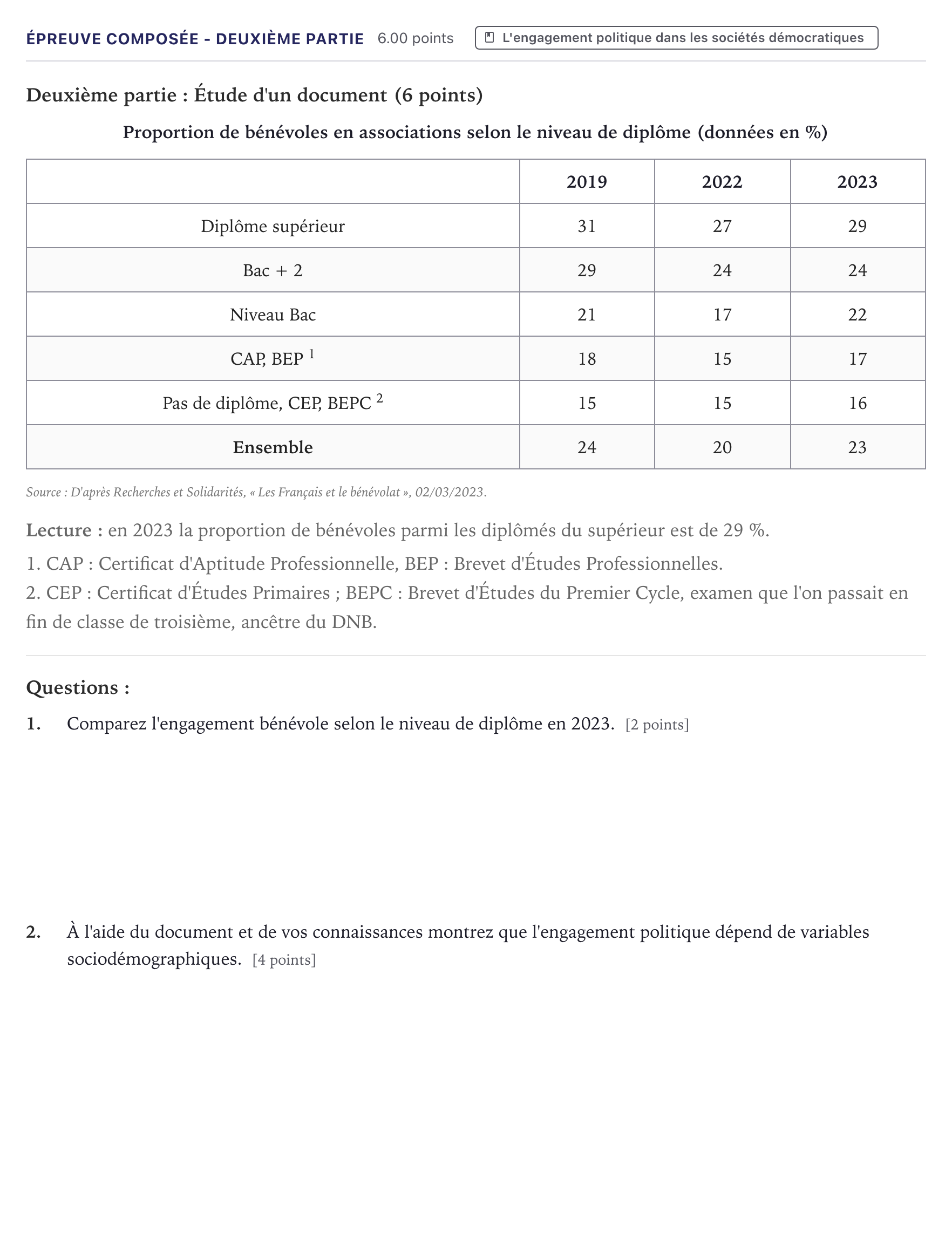 Énoncé: Épreuve composée - Deuxième partie · Bac Sciences Économiques et Sociales Métropole 2024 (sujet 2)