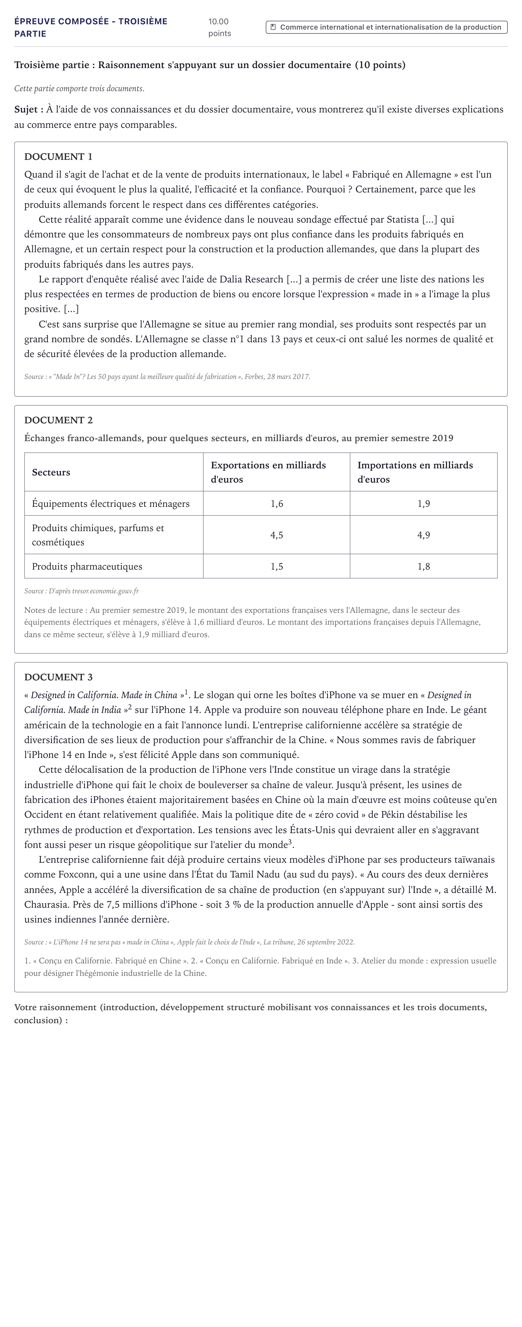 Énoncé: Épreuve composée - Troisième partie · Bac Sciences Économiques et Sociales Métropole 2024 (sujet 2)