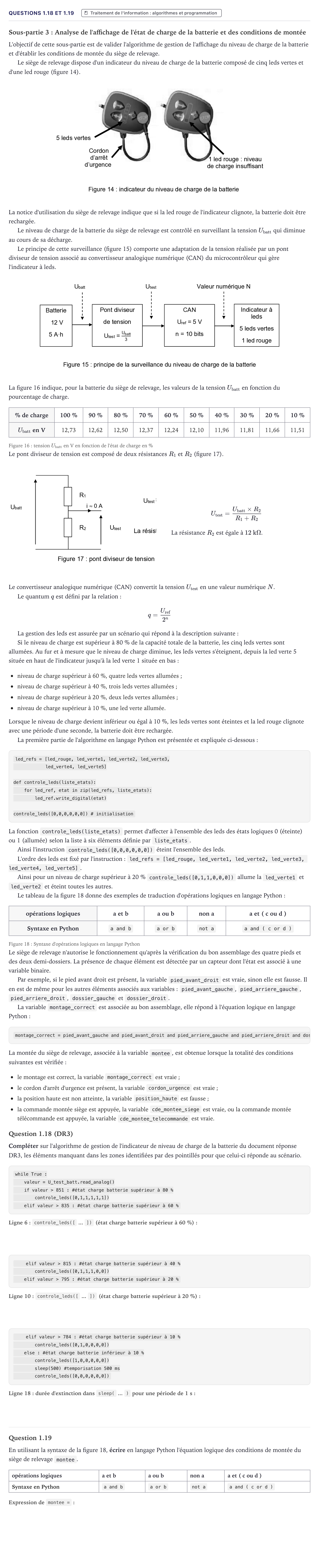 Énoncé: Exercice Questions 1.18 et 1.19 · Bac Sciences de l'Ingénieur Métropole 2024 (sujet 1)