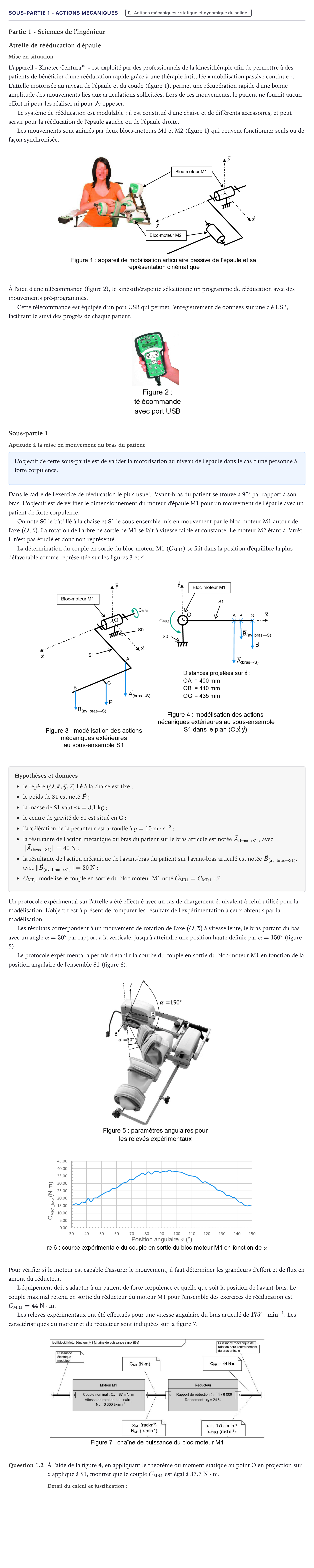 Énoncé: Exercice Sous-partie 1 - Actions mécaniques · Bac Sciences de l'Ingénieur Métropole 2024 (sujet 2)