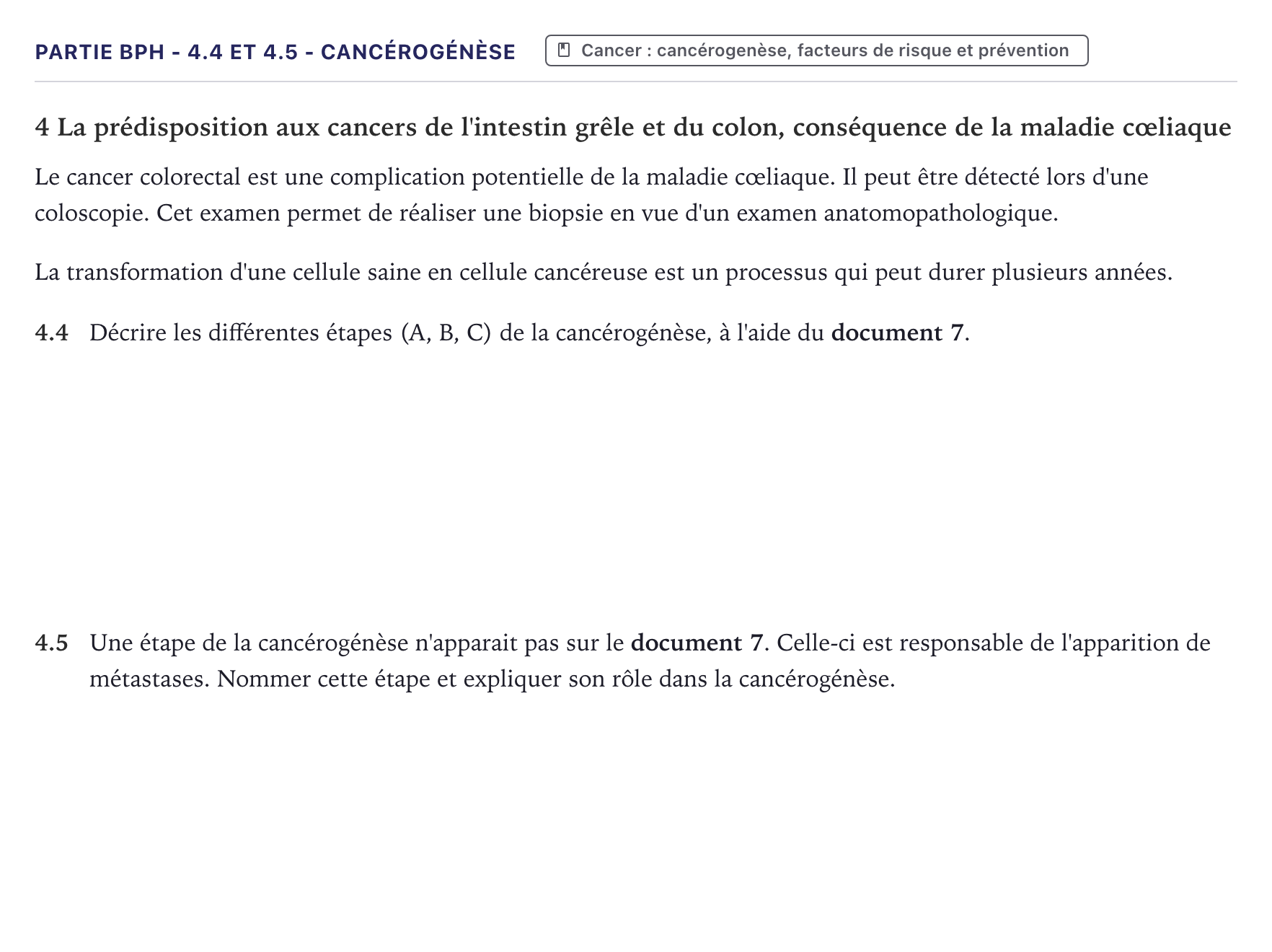Énoncé: Partie BPH - 4.4 et 4.5 - Cancérogénèse · Bac ST2S Chimie, Biologie et Physiopathologie Humaines Métropole 2024