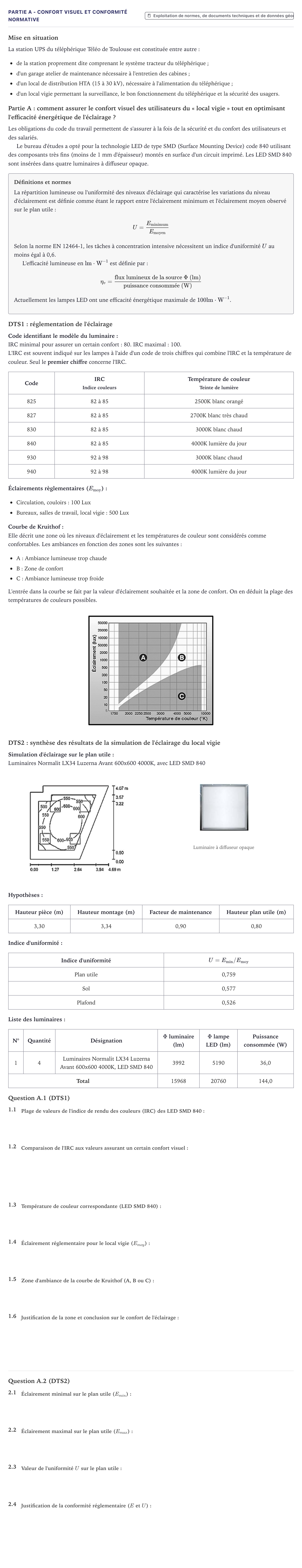 Énoncé: Partie A - Confort visuel et conformité normative · Bac STI2D Ingénierie, Innovation et Développement Durable Métropole - AC 2024