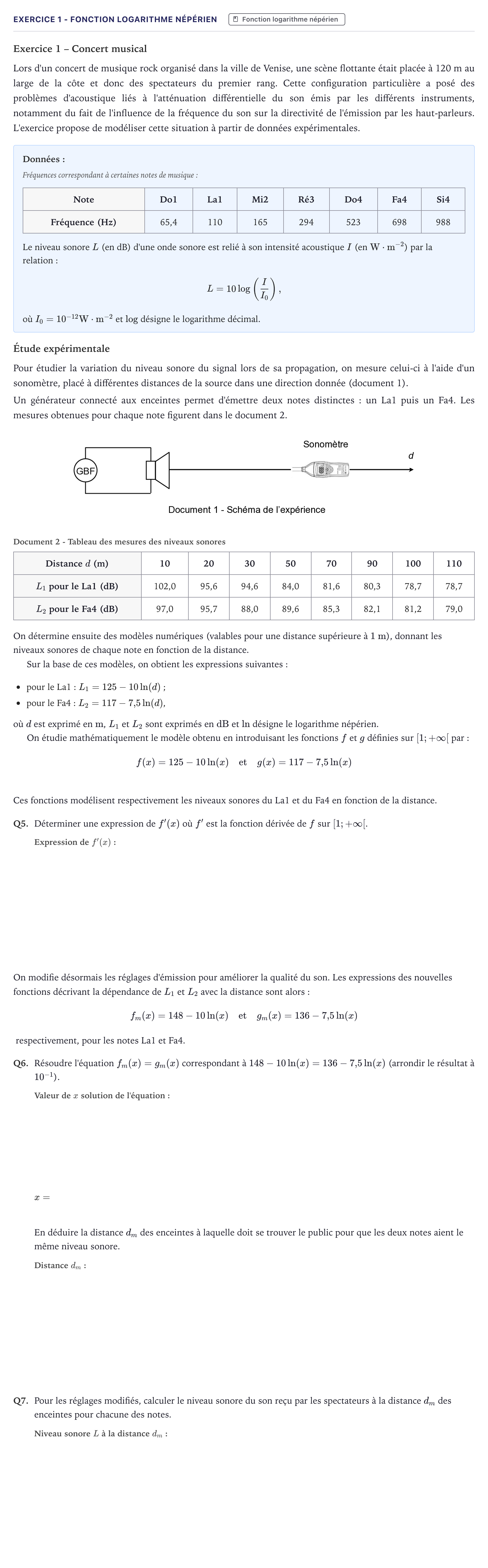 Énoncé: Exercice 1 - Fonction logarithme népérien · Bac STI2D Physique-Chimie et Mathématiques Métropole 2024