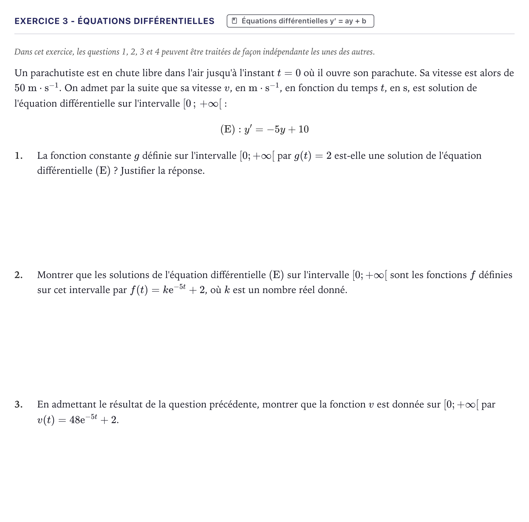 Énoncé: Exercice 3 - Équations différentielles · Bac STI2D Physique-Chimie et Mathématiques Métropole 2024