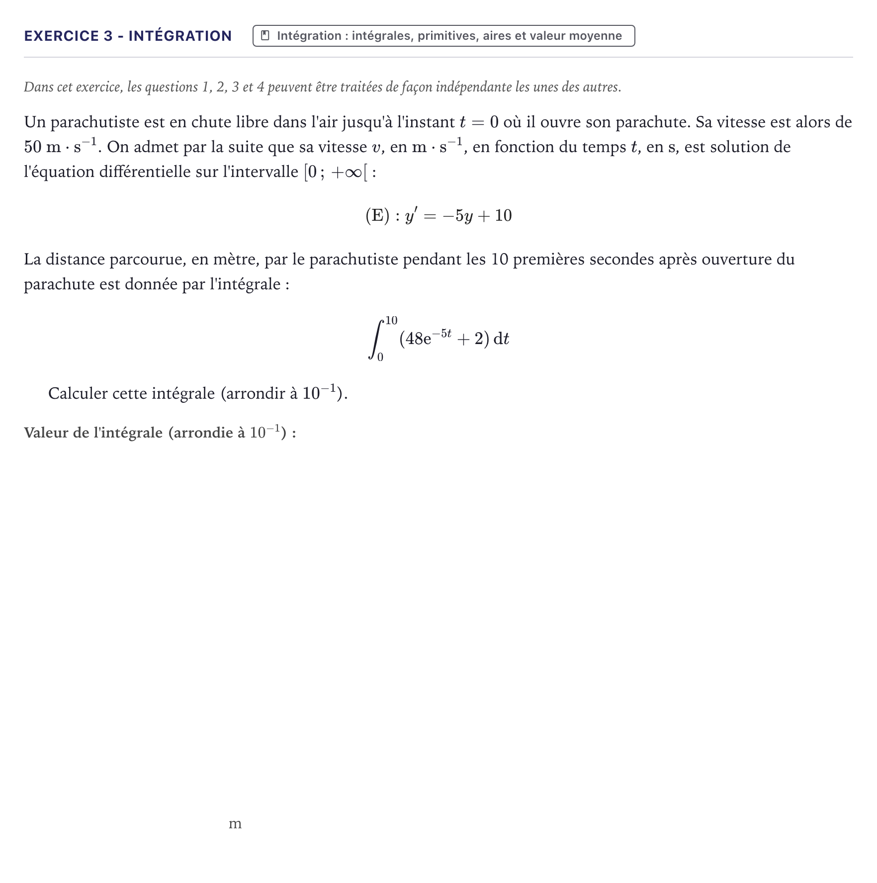 Énoncé: Exercice 3 - Intégration · Bac STI2D Physique-Chimie et Mathématiques Métropole 2024