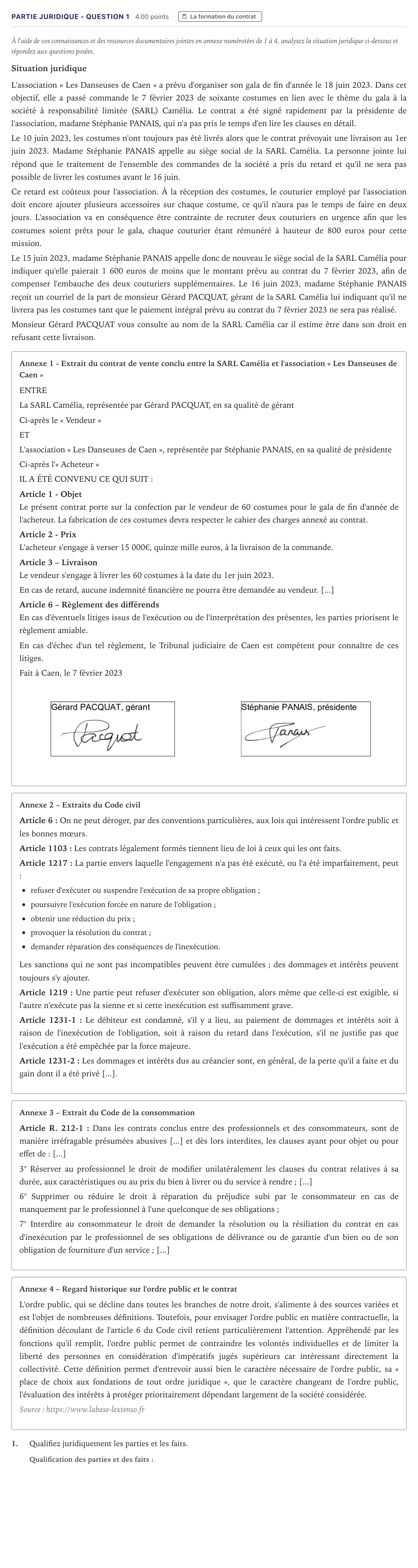 Énoncé: Partie juridique - Question 1 · Bac STMG Droit et Économie Métropole 2024