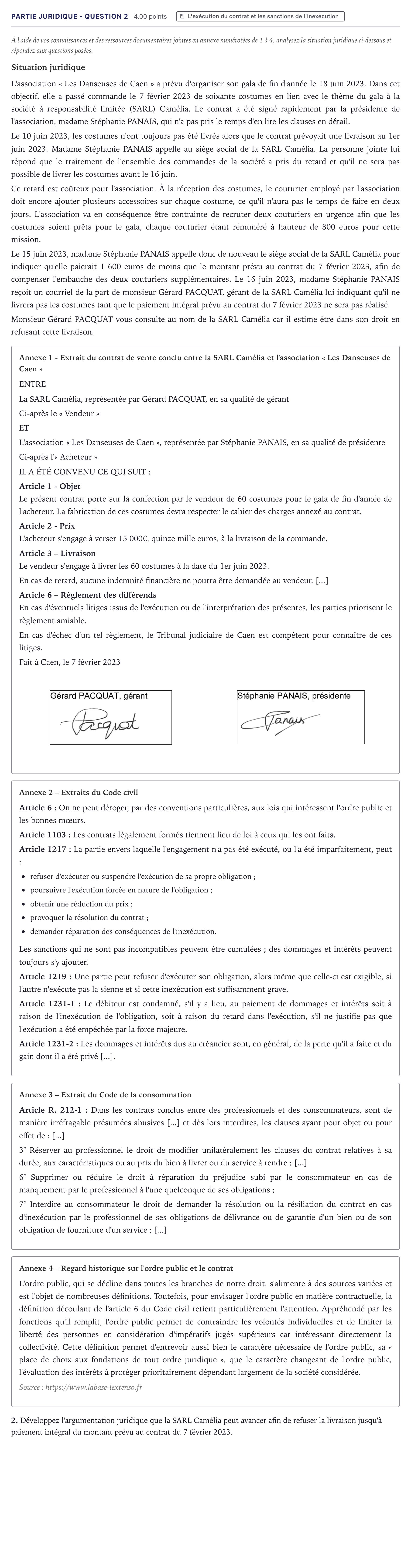 Énoncé: Partie juridique - Question 2 · Bac STMG Droit et Économie Métropole 2024