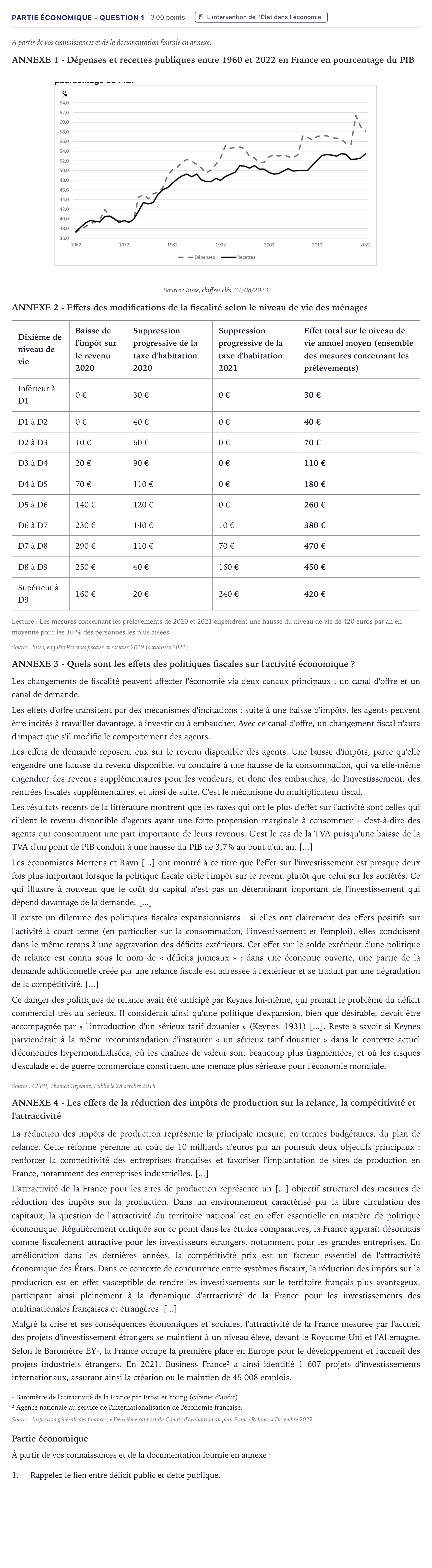 Énoncé: Partie économique - Question 1 · Bac STMG Droit et Économie Métropole 2024