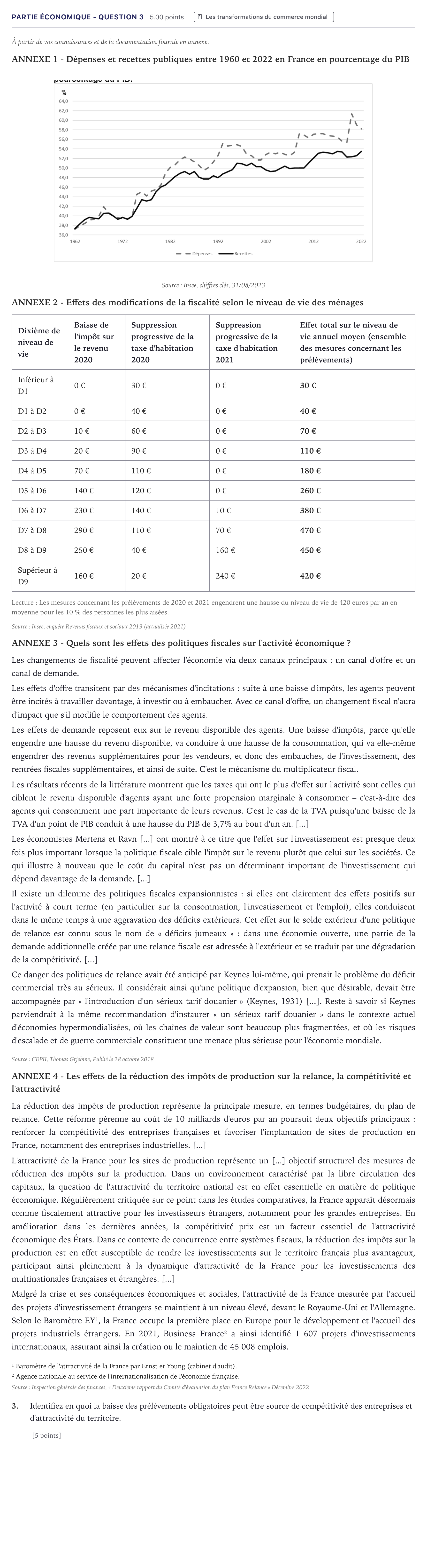 Énoncé: Partie économique - Question 3 · Bac STMG Droit et Économie Métropole 2024