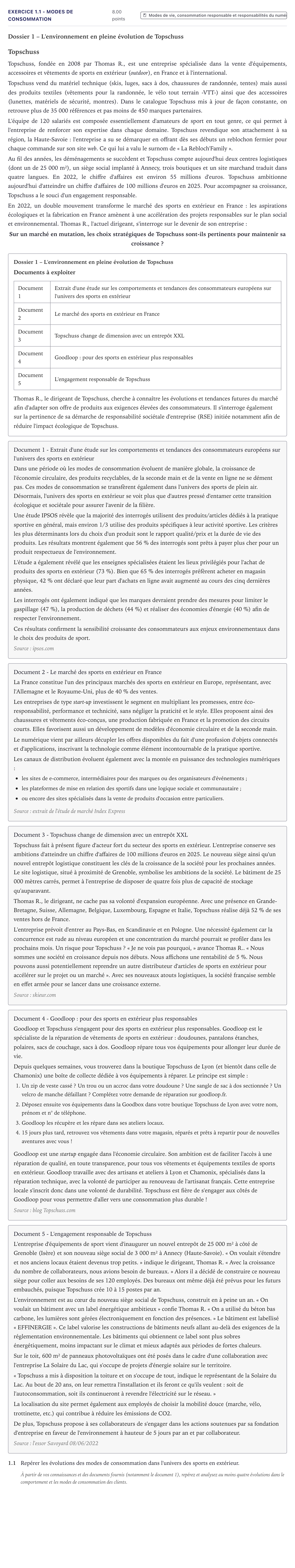 Énoncé: Exercice 1.1 - Modes de consommation · Bac STMG Management des Sciences de Gestion et du Numérique Métropole 2024