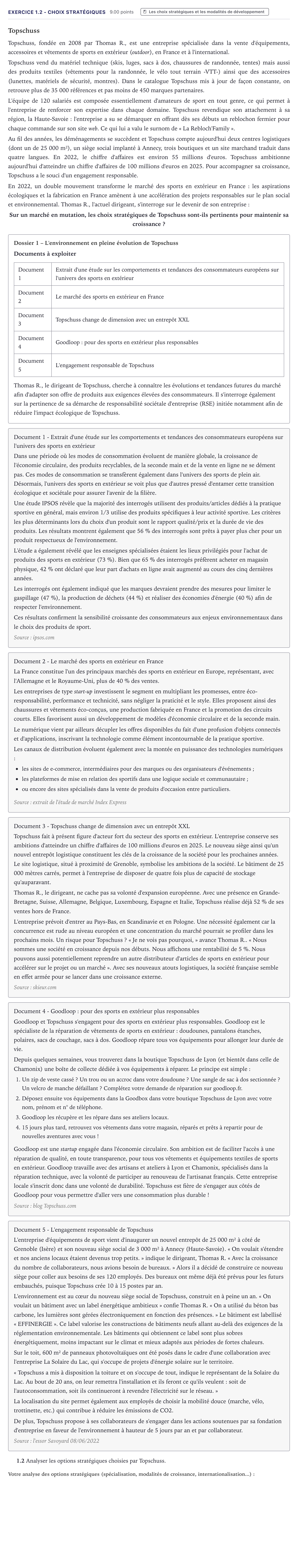 Énoncé: Exercice 1.2 - Choix stratégiques · Bac STMG Management des Sciences de Gestion et du Numérique Métropole 2024