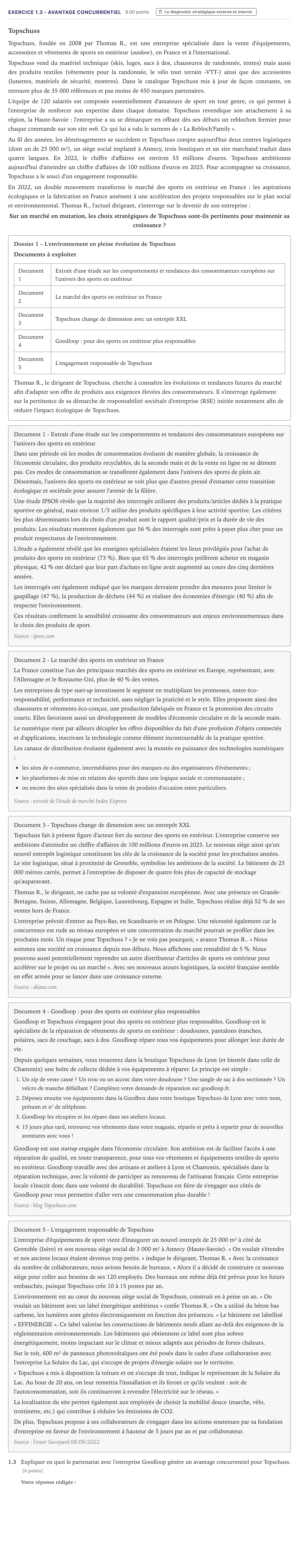 Énoncé: Exercice 1.3 - Avantage concurrentiel · Bac STMG Management des Sciences de Gestion et du Numérique Métropole 2024