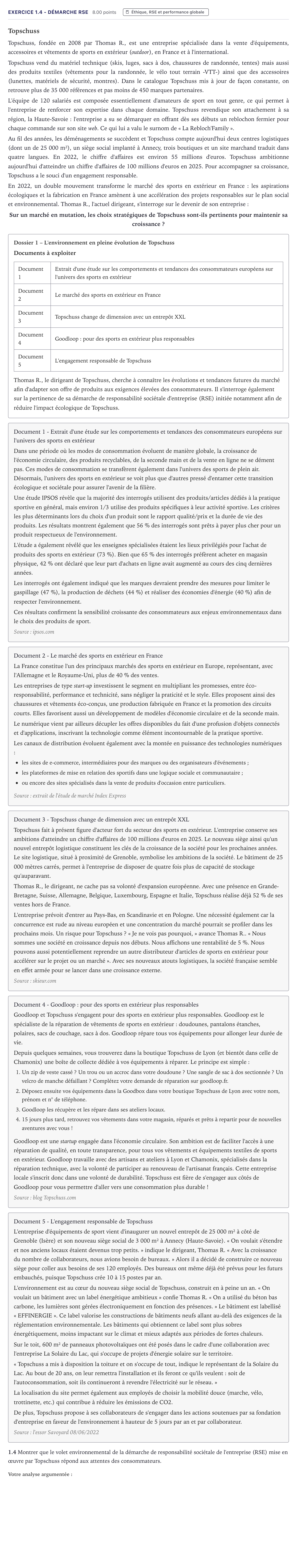 Énoncé: Exercice 1.4 - Démarche RSE · Bac STMG Management des Sciences de Gestion et du Numérique Métropole 2024