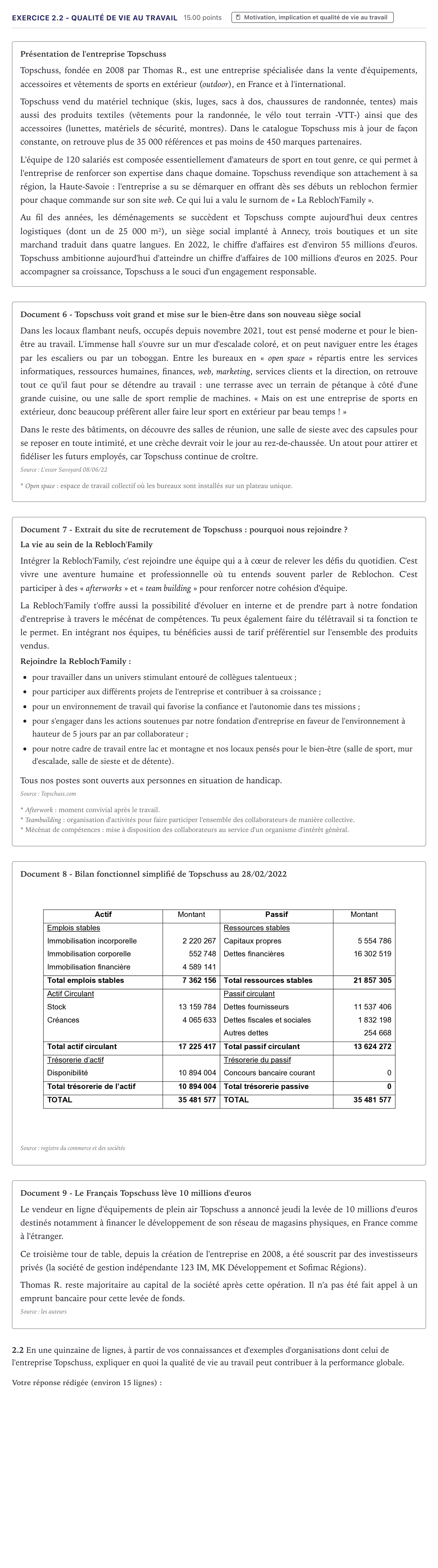 Énoncé: Exercice 2.2 - Qualité de vie au travail · Bac STMG Management des Sciences de Gestion et du Numérique Métropole 2024
