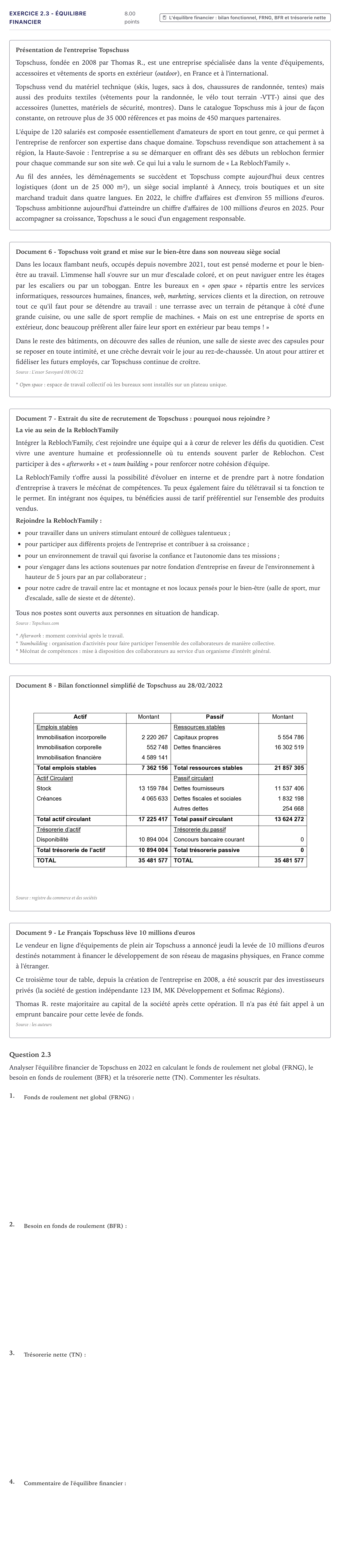 Énoncé: Exercice 2.3 - Équilibre financier · Bac STMG Management des Sciences de Gestion et du Numérique Métropole 2024