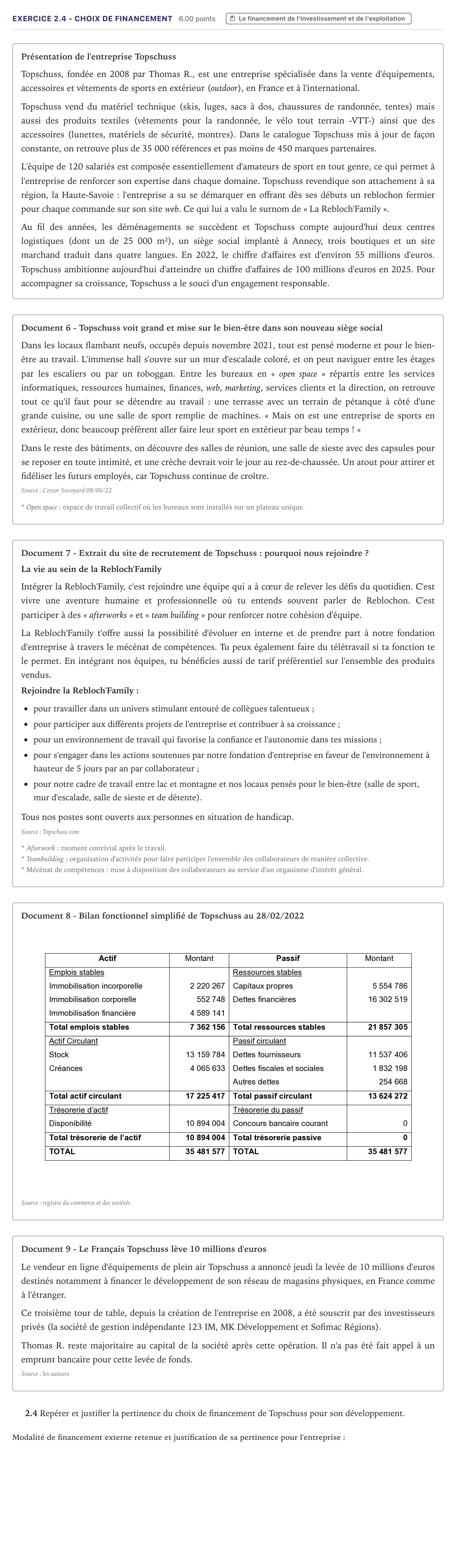 Énoncé: Exercice 2.4 - Choix de financement · Bac STMG Management des Sciences de Gestion et du Numérique Métropole 2024