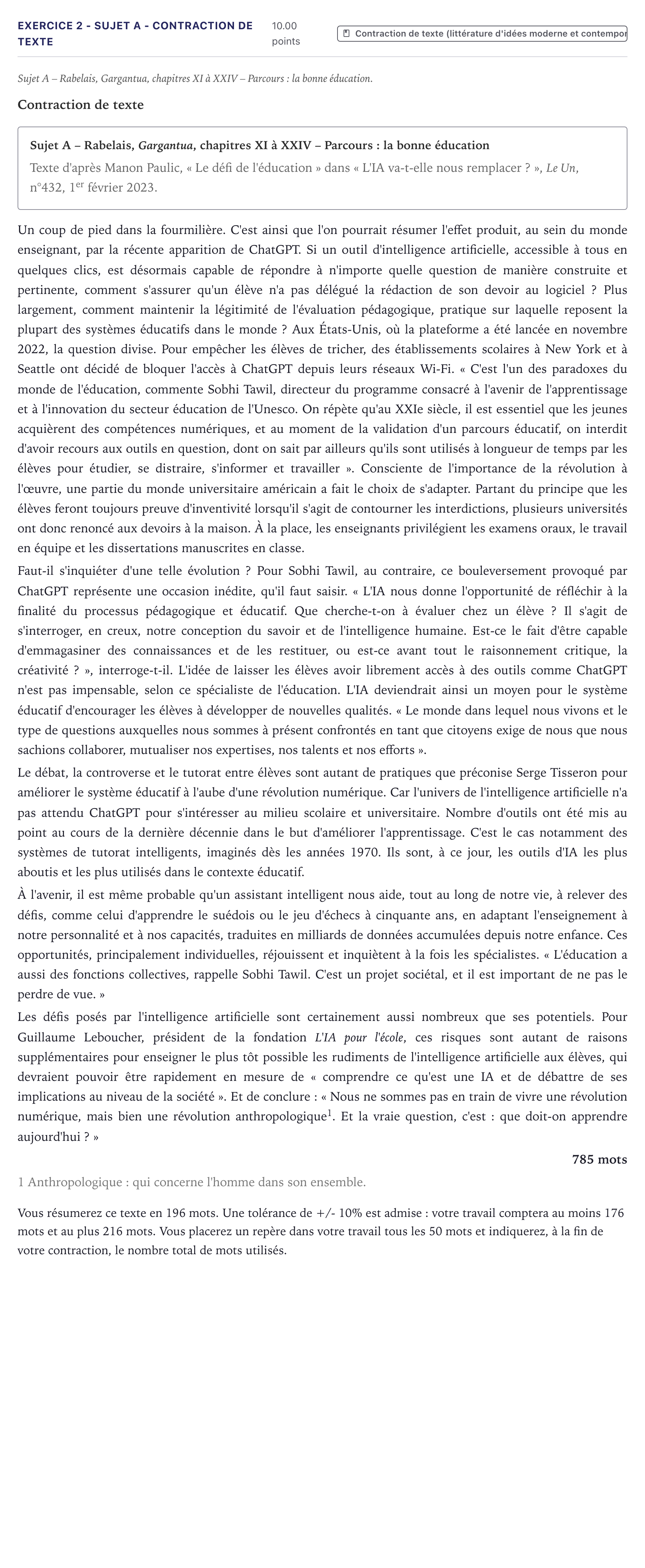 Énoncé: Exercice 2 - Sujet A - Contraction de texte · Bac STMG Français Métropole 2024