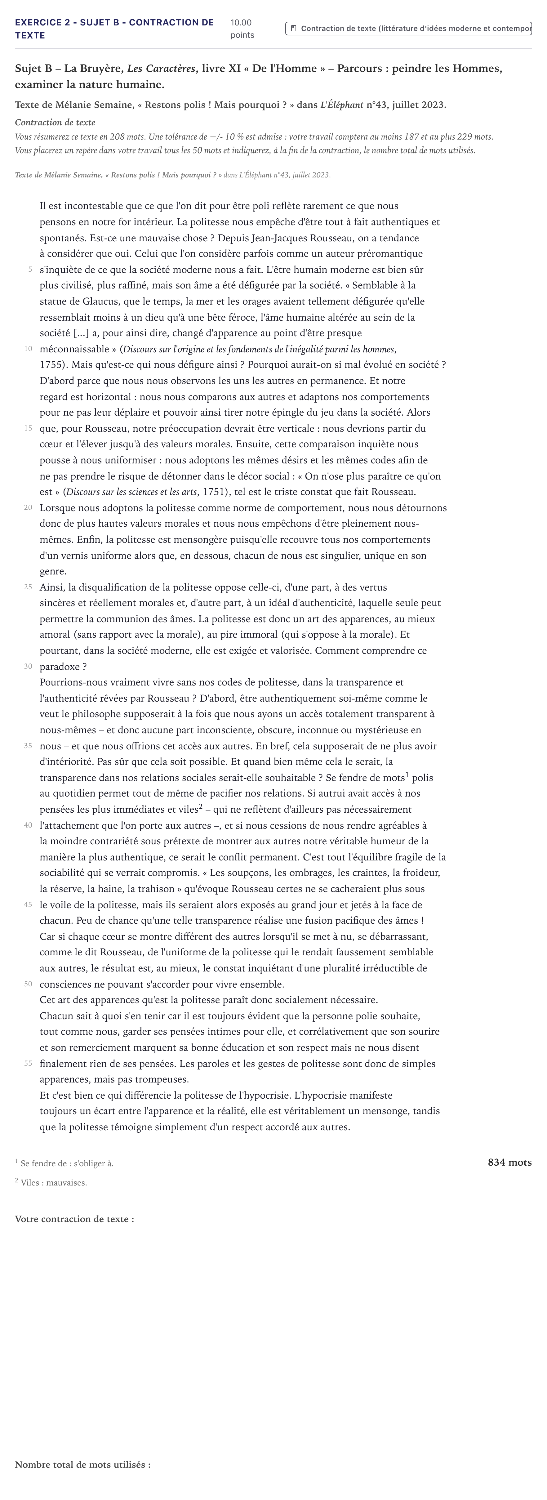 Énoncé: Exercice 2 - Sujet B - Contraction de texte · Bac STMG Français Métropole 2024