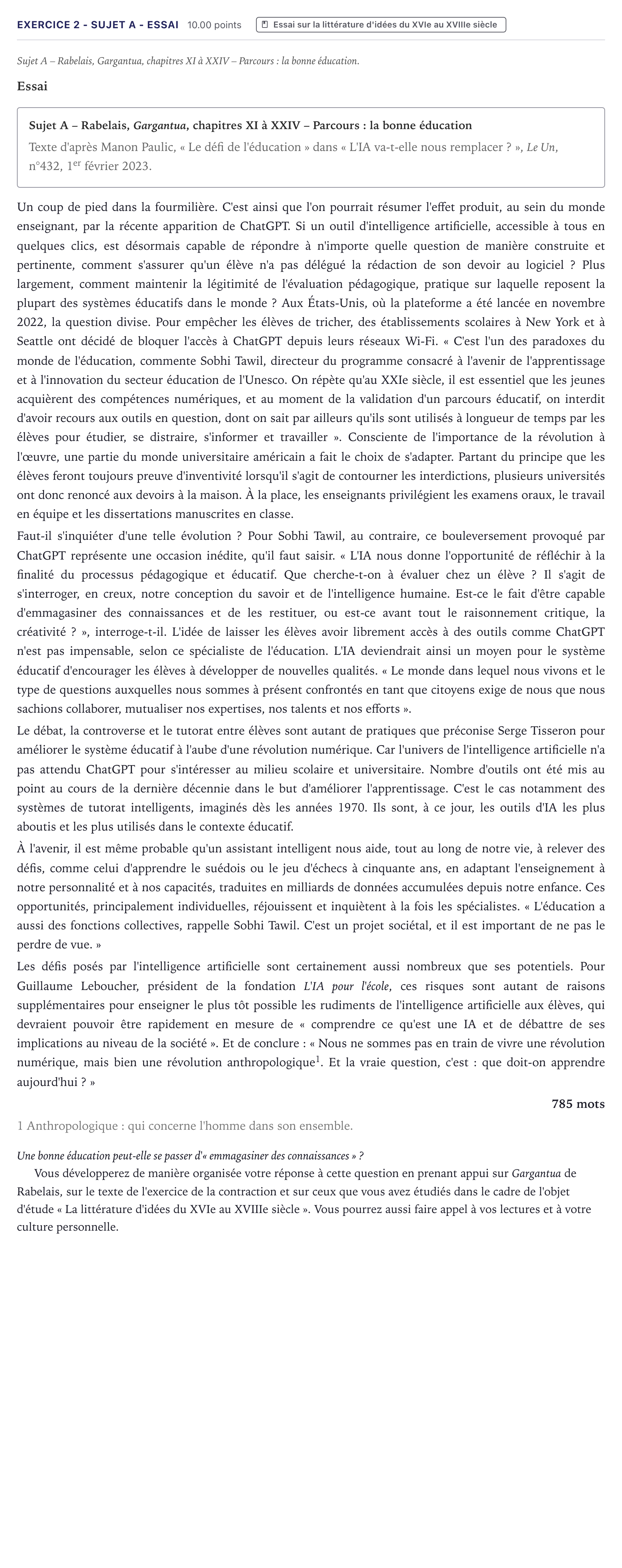 Énoncé: Exercice 2 - Sujet A - Essai · Bac STMG Français Métropole 2024