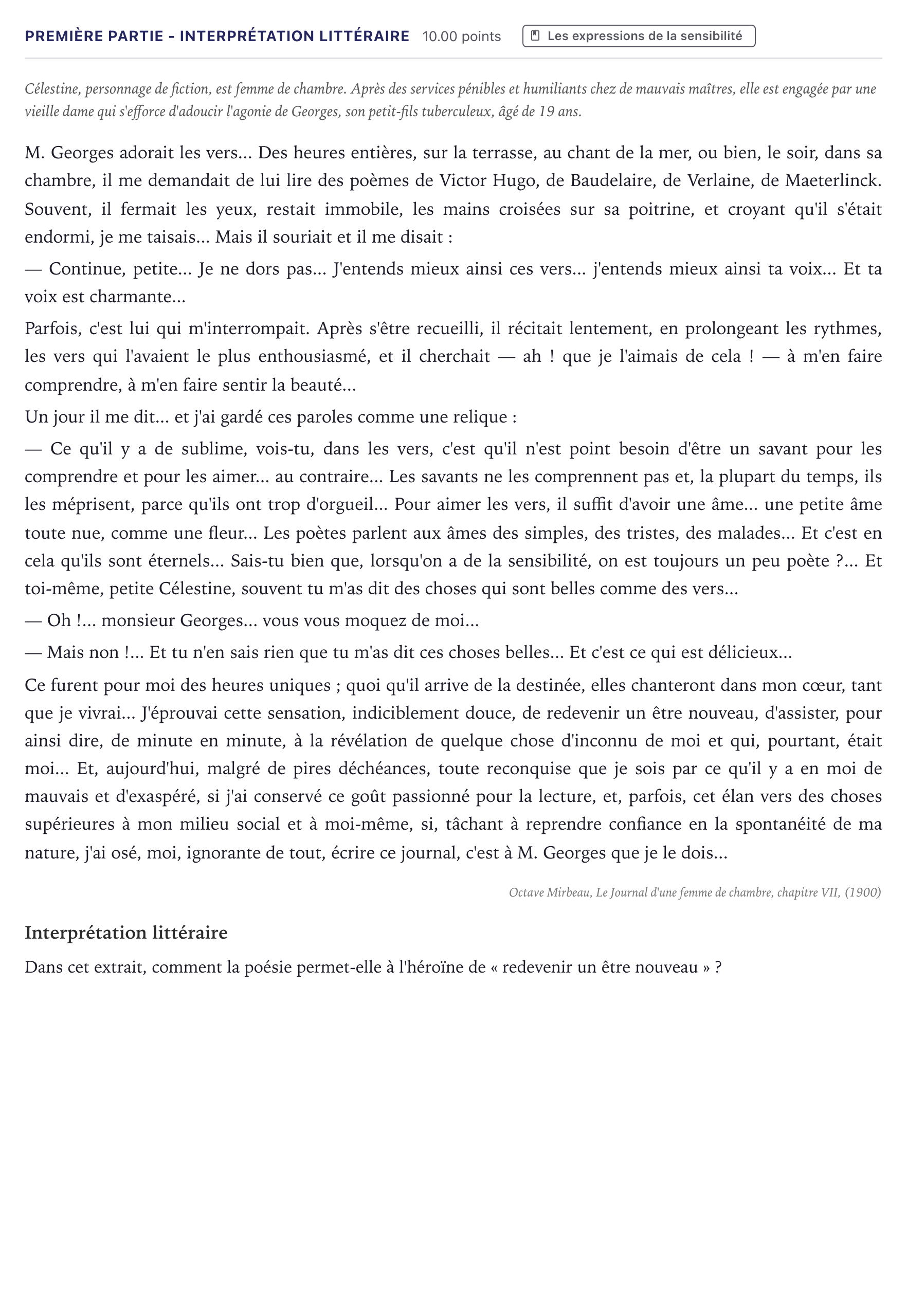 Énoncé: Exercice Première partie - Interprétation littéraire · Bac Humanités, Littérature et Philosophie Métropole 2023 (sujet 1)