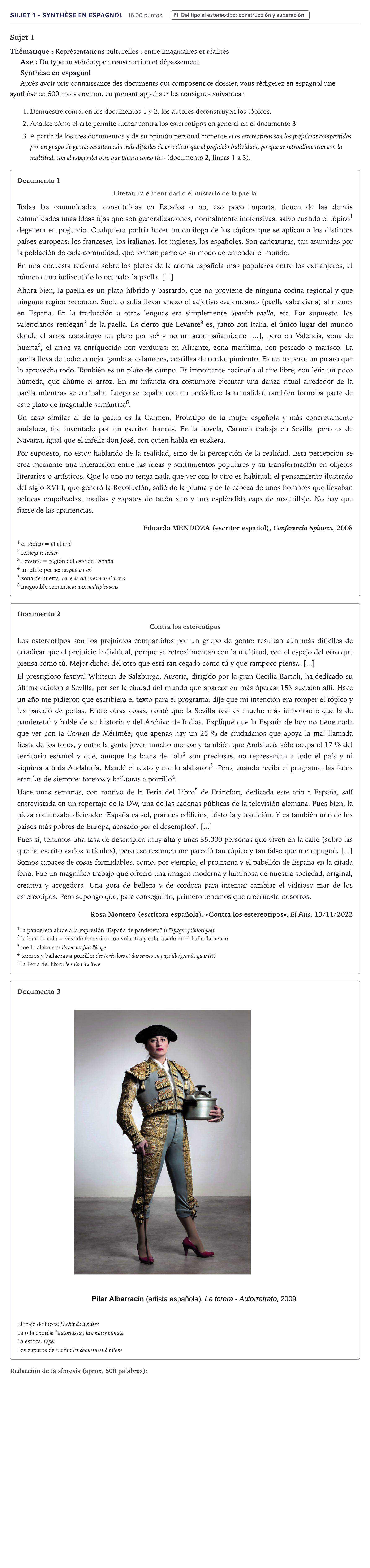 Énoncé: Sujet 1 - Synthèse en espagnol · Bac Espagnol Métropole 2023