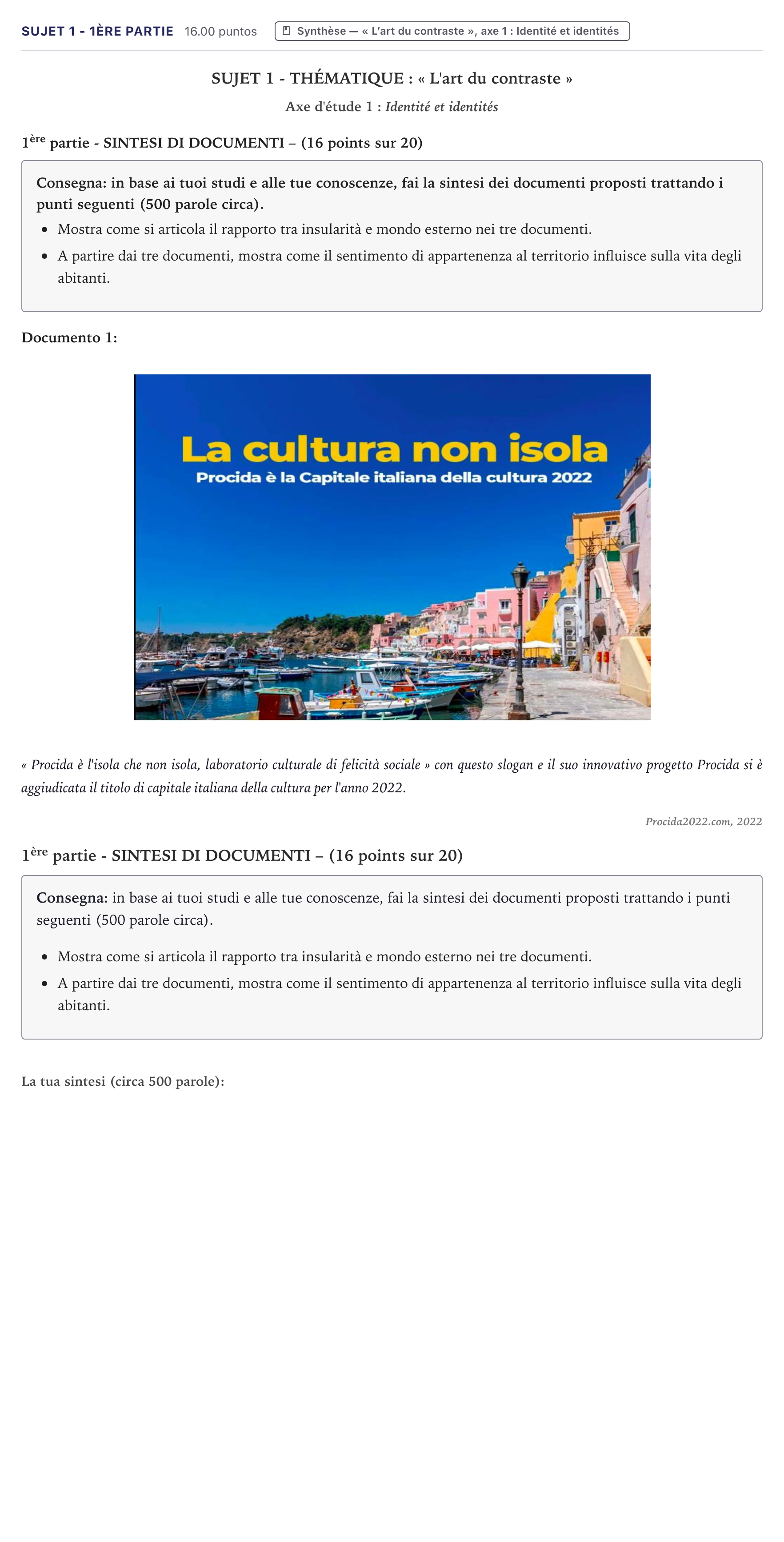 Énoncé: Sujet 1 - 1ère partie · Bac Italien Métropole 2023