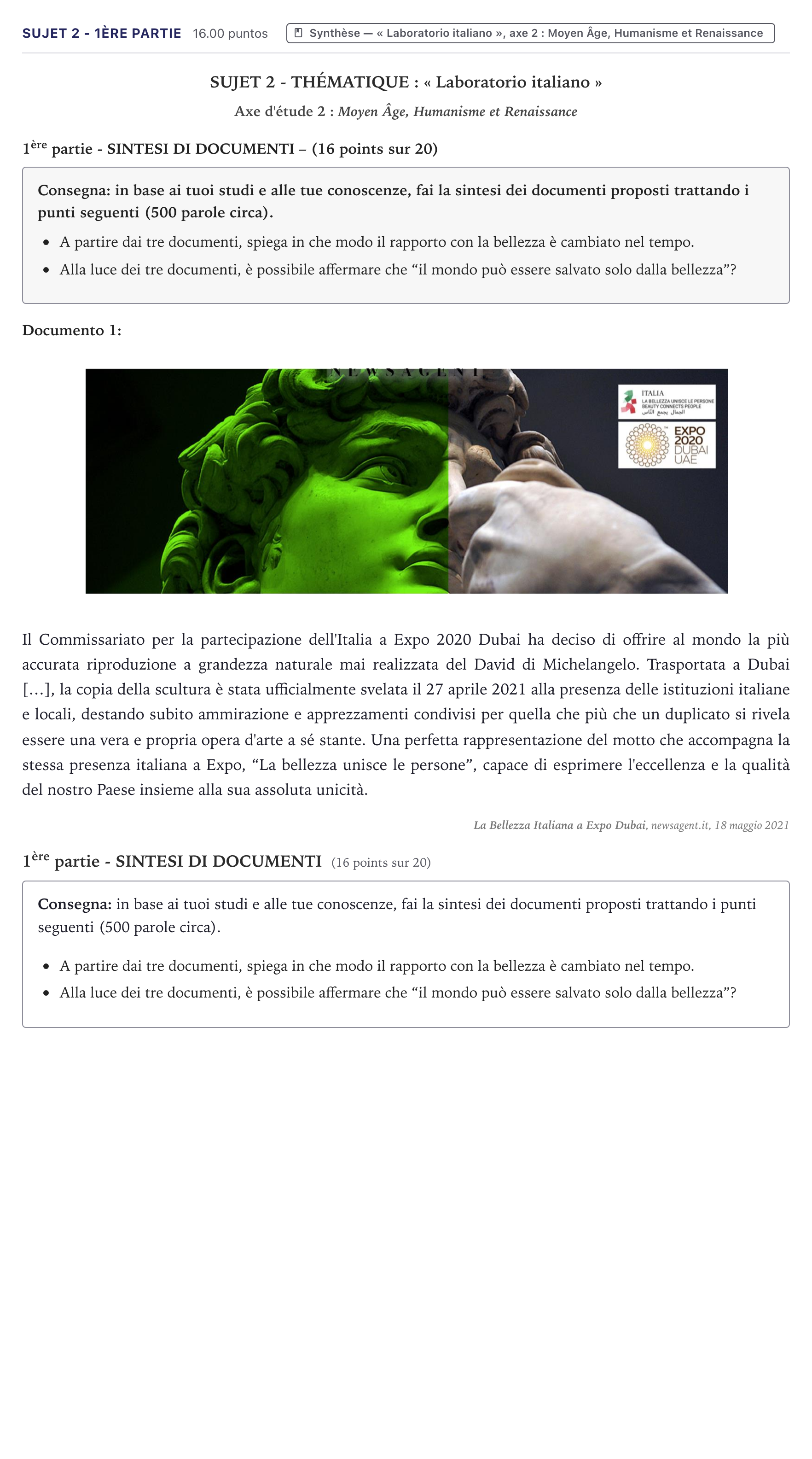 Énoncé: Sujet 2 - 1ère partie · Bac Italien Métropole 2023