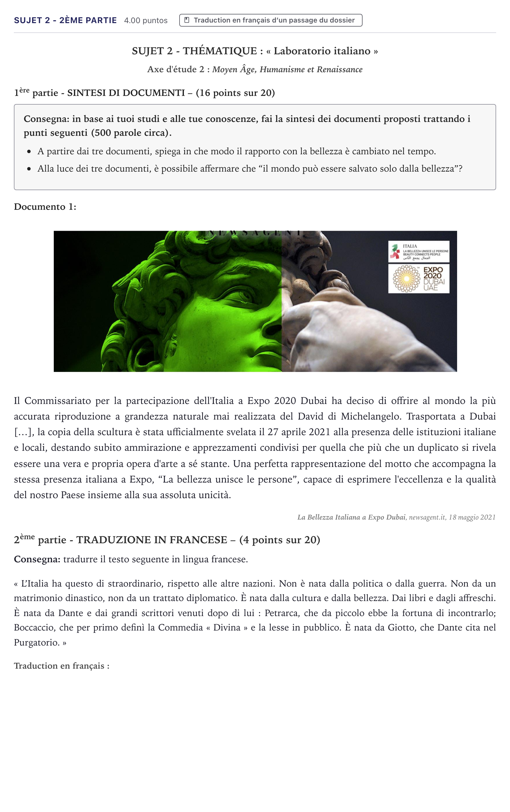 Énoncé: Sujet 2 - 2ème partie · Bac Italien Métropole 2023