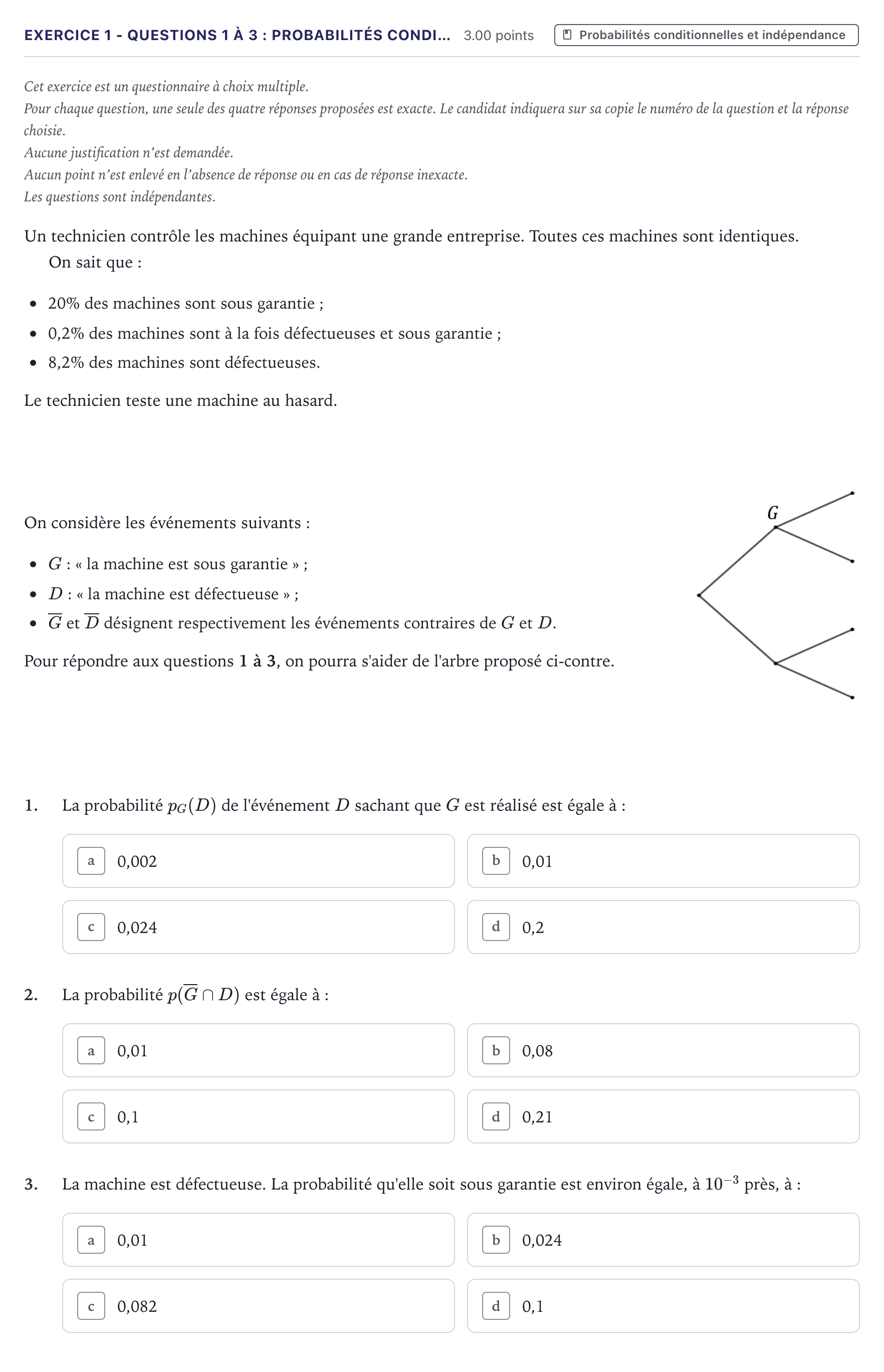 Énoncé: Exercice 1 - Questions 1 à 3 : Probabilités condi… · Bac Mathématiques Métropole 2023 (sujet 1)