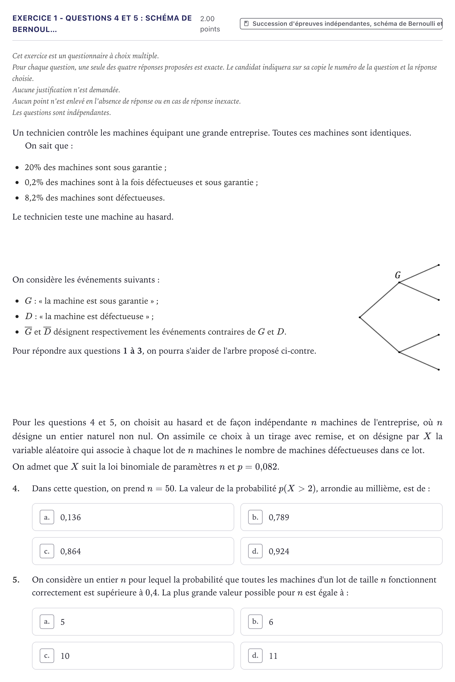 Énoncé: Exercice 1 - Questions 4 et 5 : Schéma de Bernoul… · Bac Mathématiques Métropole 2023 (sujet 1)