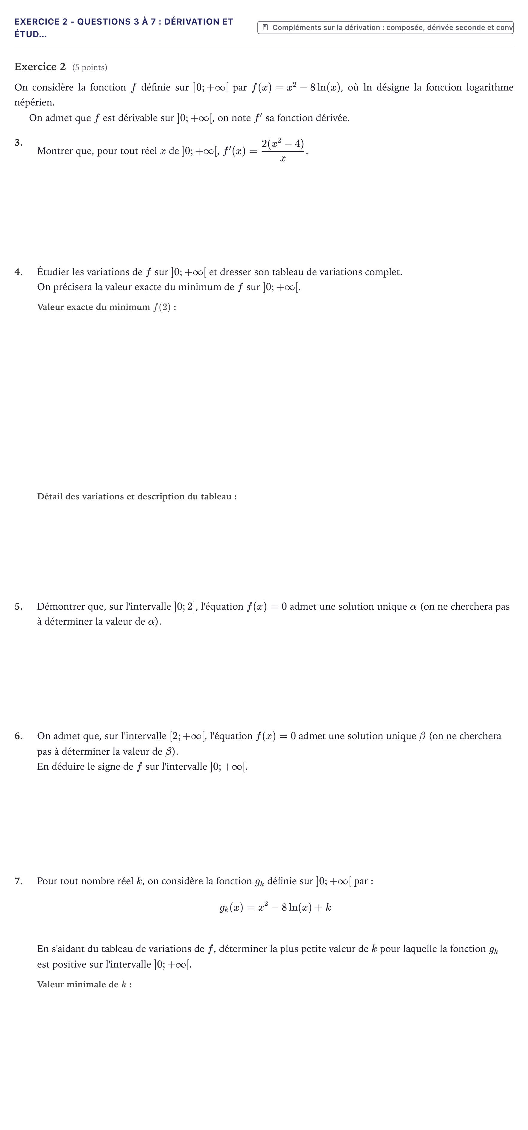 Énoncé: Exercice 2 - Questions 3 à 7 : Dérivation et étud… · Bac Mathématiques Métropole 2023 (sujet 1)