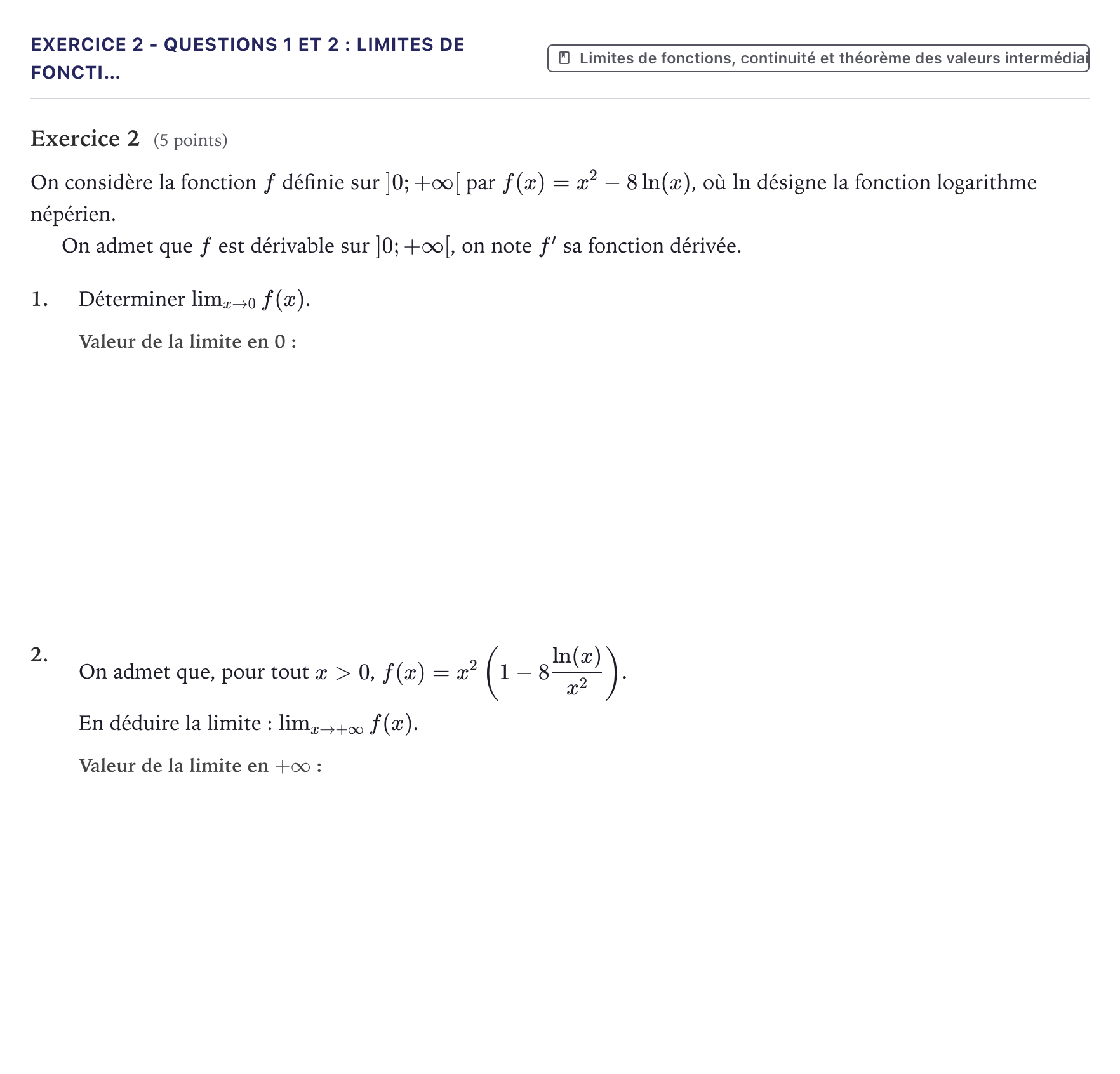 Énoncé: Exercice 2 - Questions 1 et 2 : Limites de foncti… · Bac Mathématiques Métropole 2023 (sujet 1)