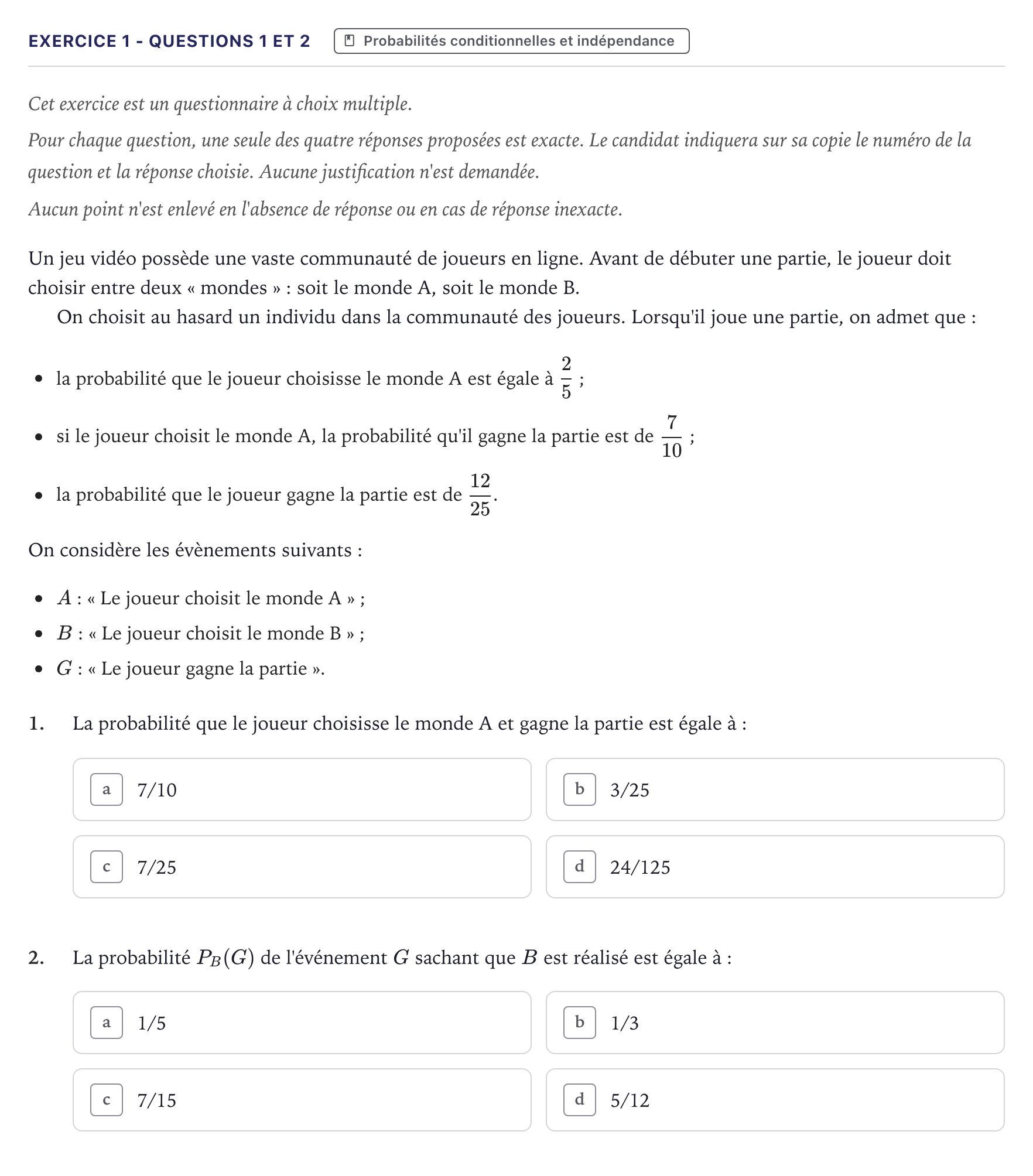 Énoncé: Exercice 1 - Questions 1 et 2 · Bac Mathématiques Métropole 2023 (sujet 2)