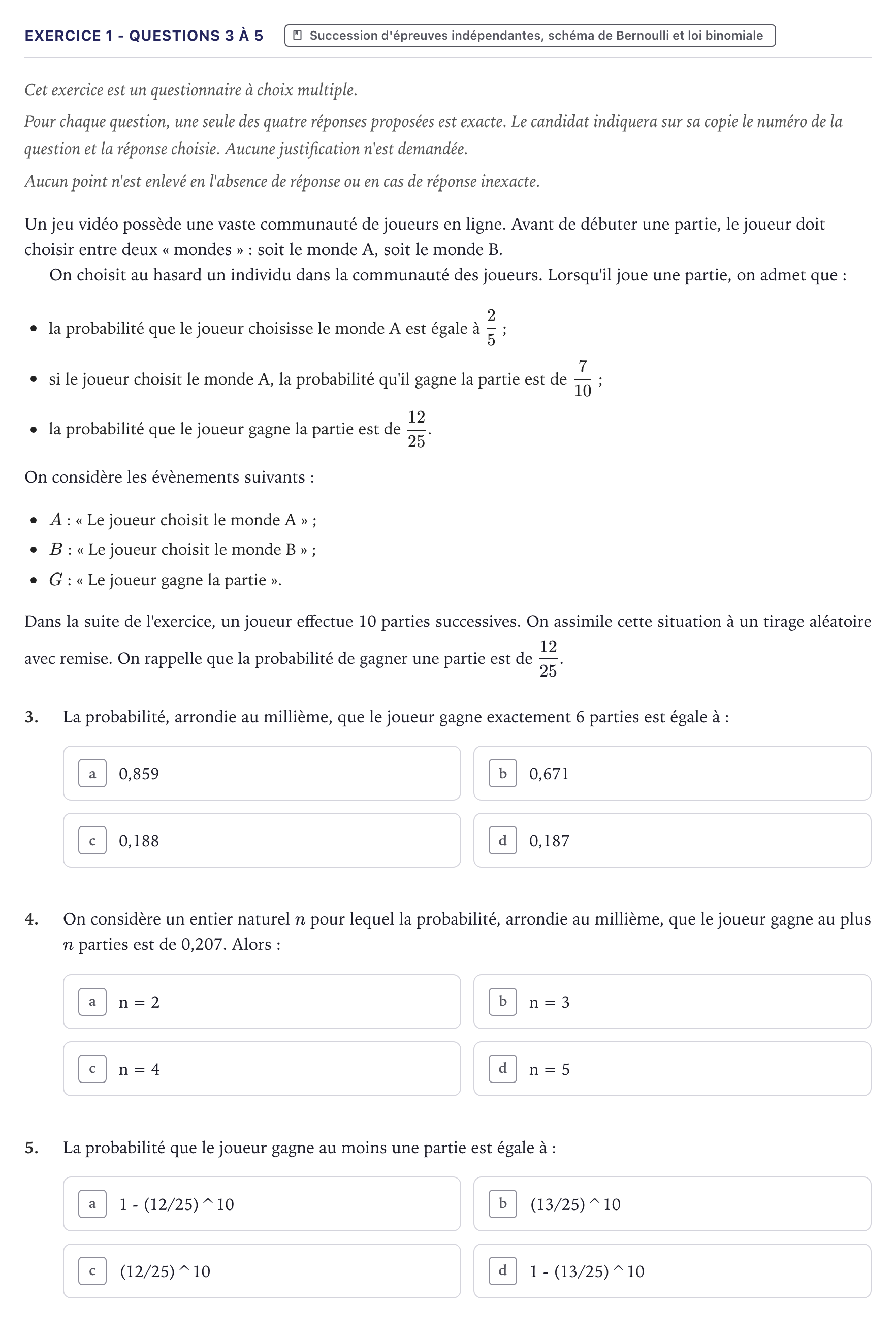 Énoncé: Exercice 1 - Questions 3 à 5 · Bac Mathématiques Métropole 2023 (sujet 2)