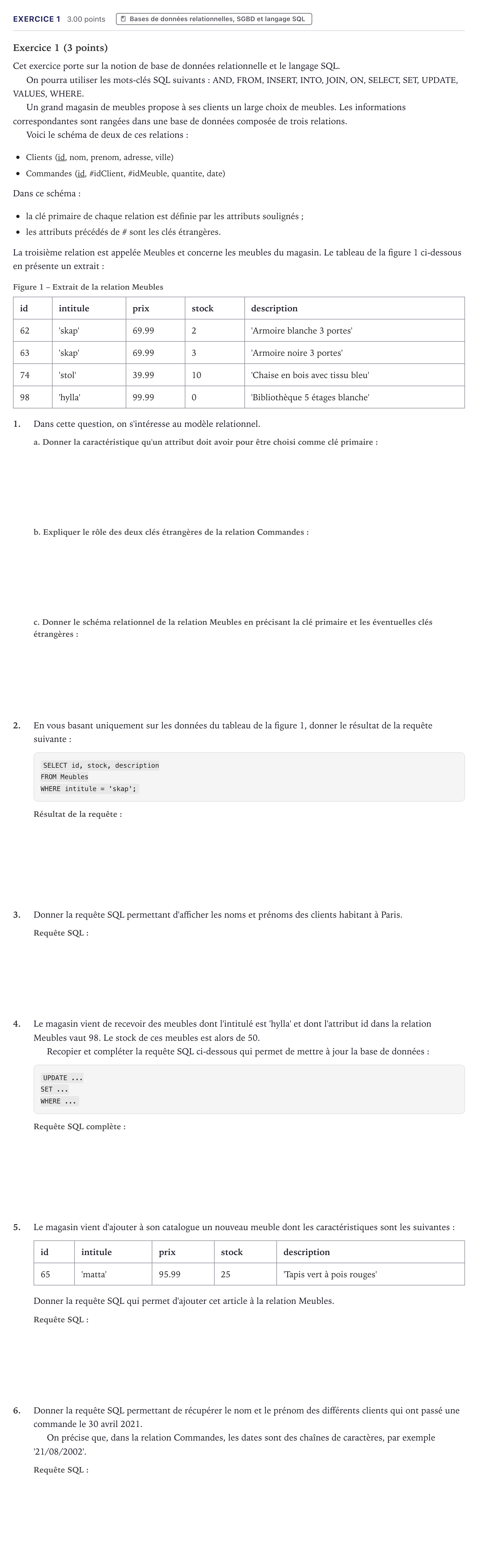 Énoncé: Exercice 1 · Bac Numérique et Sciences Informatiques Métropole 2023 (sujet 1)
